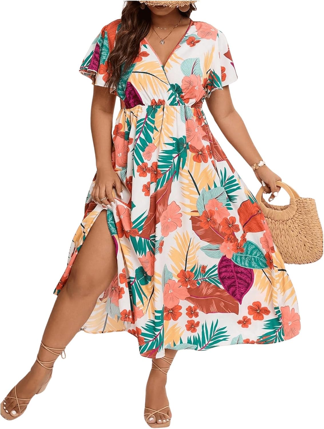 Floerns Women's Plus Size Boho Hawaiian Tropical Dresses V Neck Short Sleeve Floral A Line Long Dress Vacation Beach Outfits - Image 5