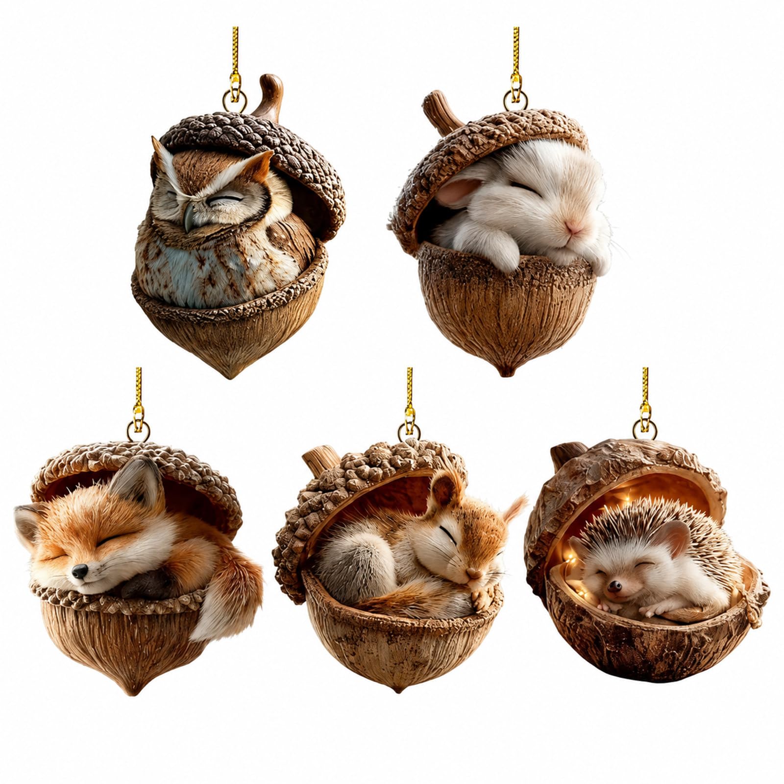 5Pcs Forest Animal Acorn Christmas Ornaments for Christmas Tree Decorations