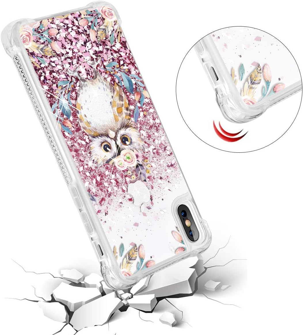Caka Case for iPhone Xs Max Floral Glitter Case Flower Pattern Series Sparkle Fashion Luxury Bling Flowing Liquid Floating Cute Glitter Soft TPU Clear Case (Owl)