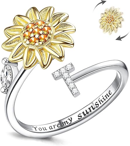 Miniatura 2 de Kucheed Anillos giratorios para mujeres, anillo giratorio de tamaño ajustable con diseño de girasol, anillo circular de dedo plateado apilable para