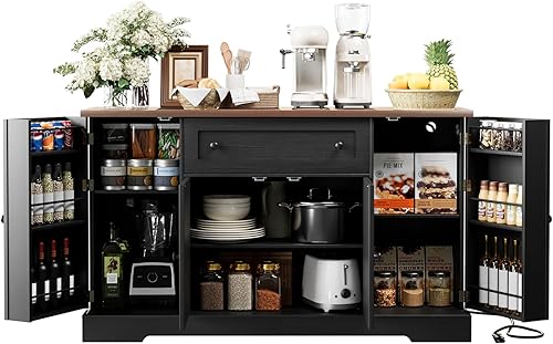 Miniatura 13 de Gabinete Buffet con Almacenamiento Estilo Granja con 4 Puertas y 2 Cajones, Gabinete de Almacenamiento de Cocina Grande de 55'' Madera Azul Barra de