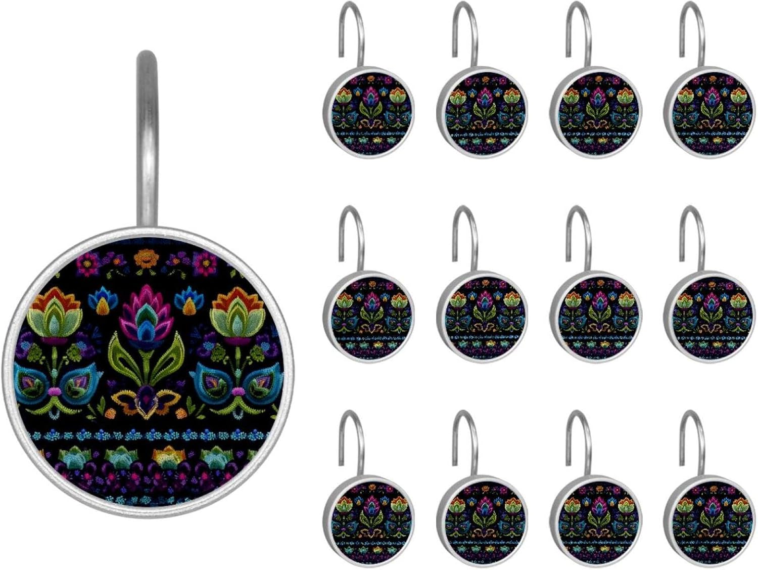 12PCS African Boho Paisley Floral (1) Shower Curtain Hooks Rings for Bathroom, Decorative Shower Curtain Hooks Rods Curtains and Liner