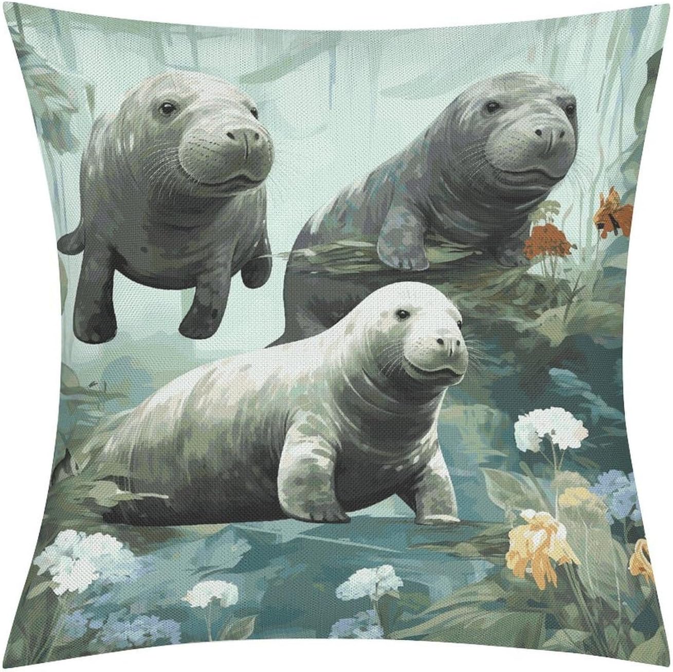 Rabbits Manatees Pillow Protectors Cute Waterproof Pillow Cover Soft Skin-Friendly Cushion Case Decorative Square Cushion Cover for Couch Sofa Bed Living Room Bedroom