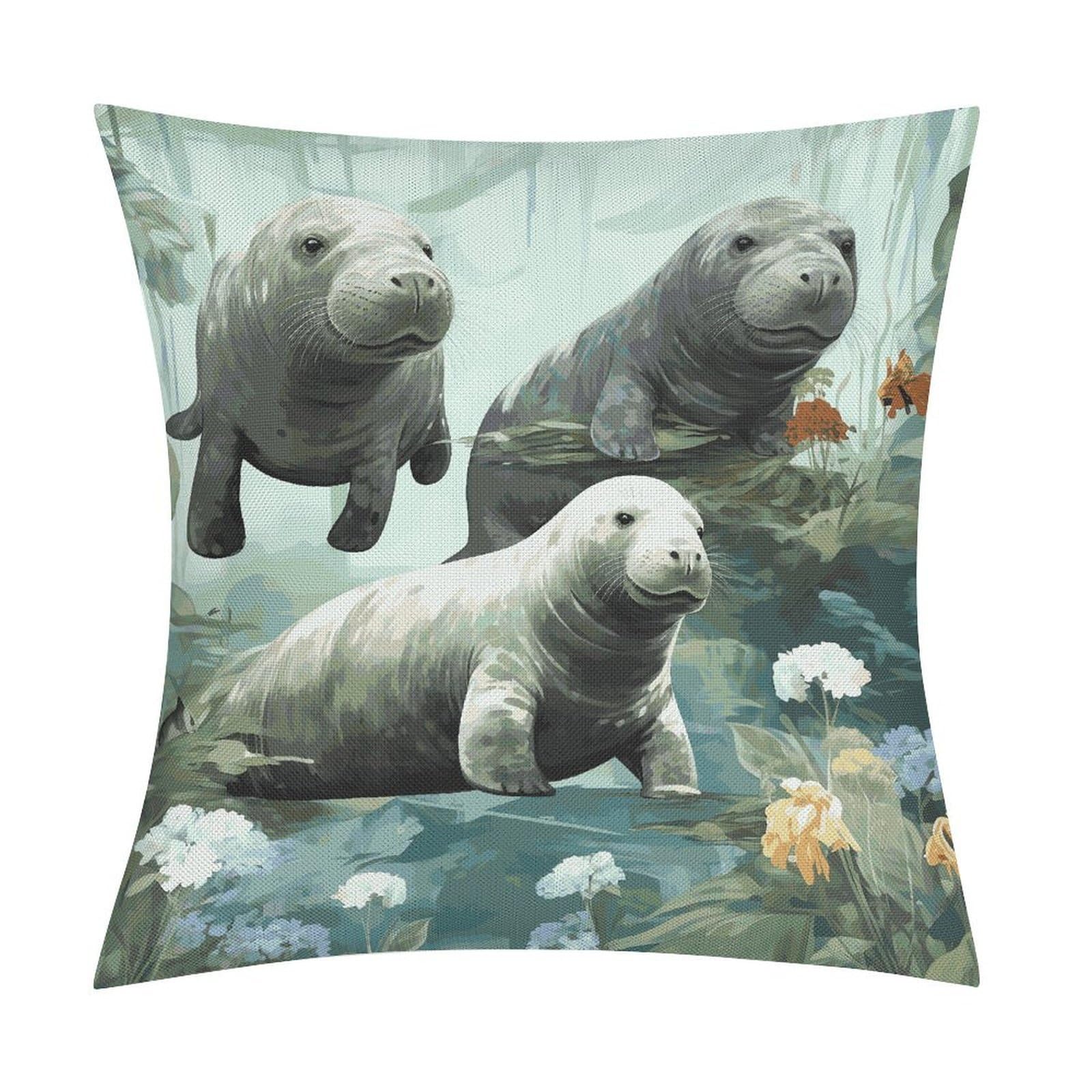 FekiLoot Rabbits Manatees Throw Pillow Cover Soft Square Cushion Case Farmhouse Cushion Cover Decorative Pillow Cover Modern Pillowcase for Sofa Living Room Bed Home Decor 18x18 Inch