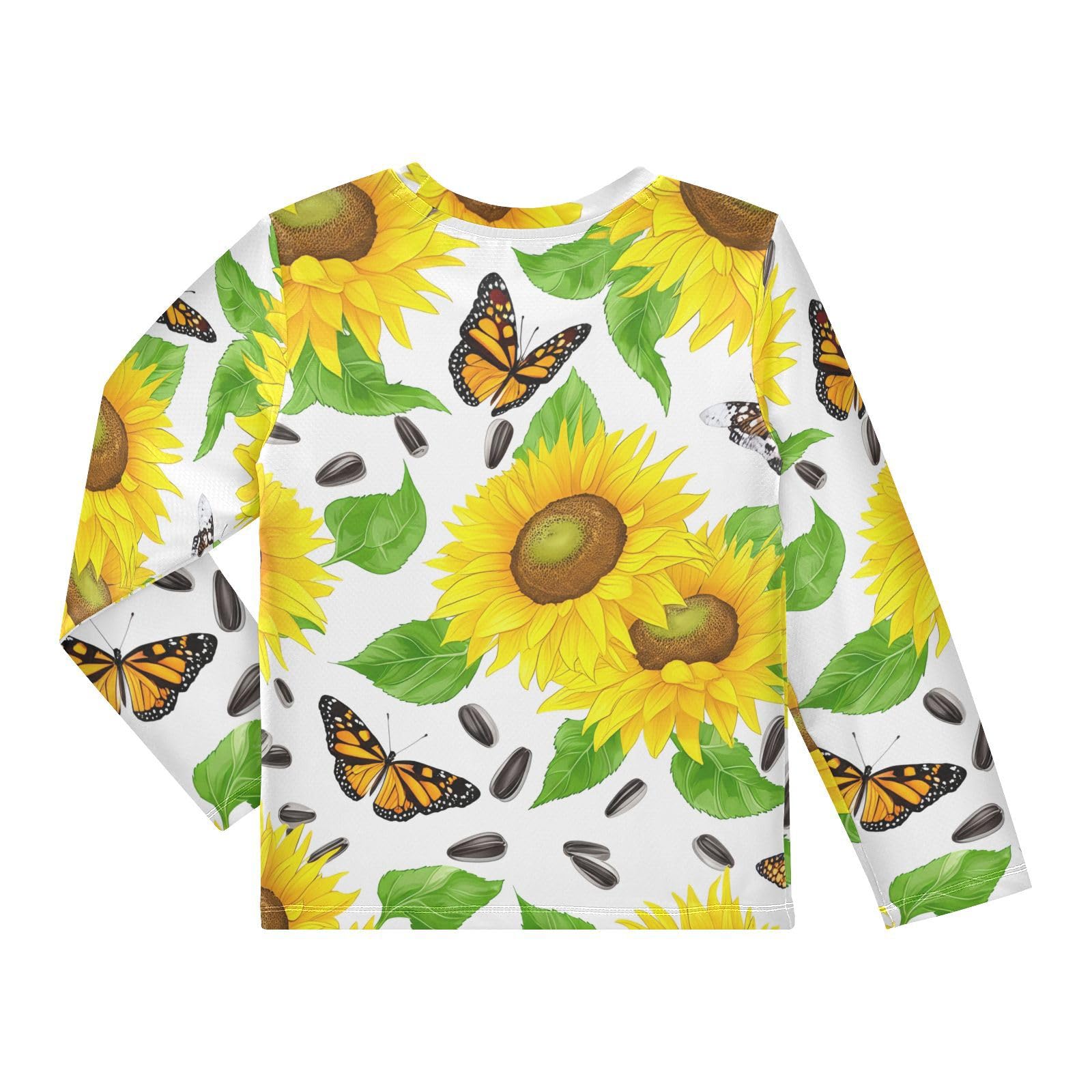 DOMIKING Sunflower Butterfly Melon Seeds White Boys Long Sleeve Rashguard Shirt Kids Quick Dry Swim Shirt for Beach Pool Sport 11-12T