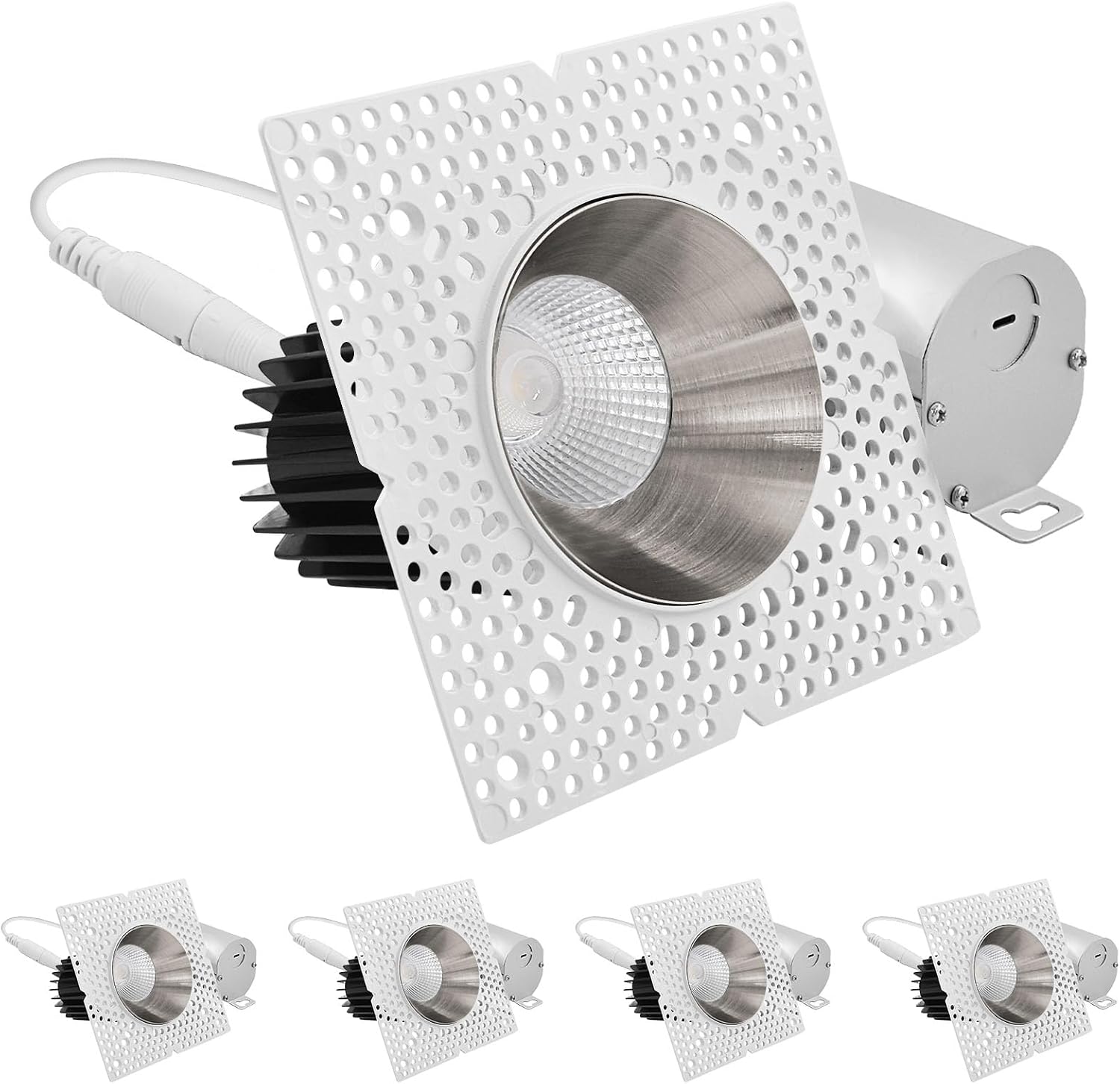 LUXRITE 3-Inch LED Trimless Recessed Spotlight with Nickel Reflector Trim Replacement 15W, 1100LM, 2700K-5000K, 60° Beam Angle, Dimmable, Push-n-Lock CRI90 Damp & IC Rated, ETL White + Nickel (4 Pack)