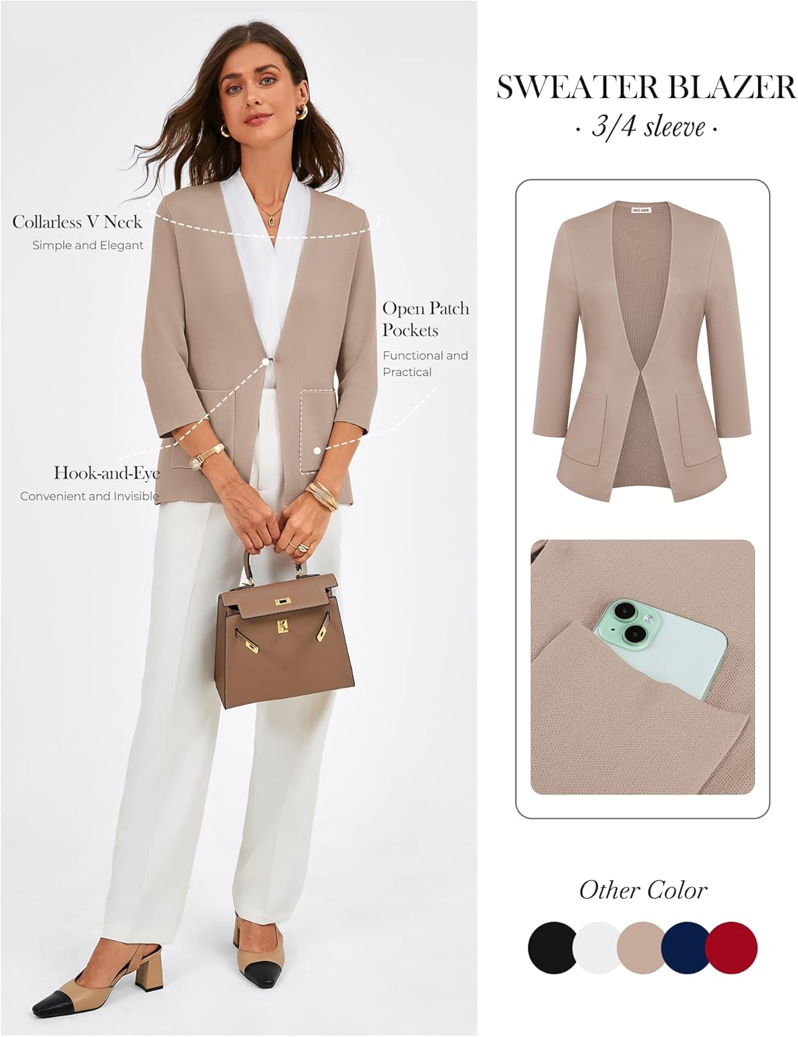 GRACE KARIN Women 3/4 Sleeve Sweater Blazer, Lightweight Open Front Cardigan, Knit Jackets Business Casual with Pockets - Image 2