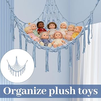 Teddy Storage, Teddy Hammock for Stuffed Animals, Cute Toy Hammock Boho Style Nursery Hanging Organizer for Kids Bedroom and Playroom, Light Blue