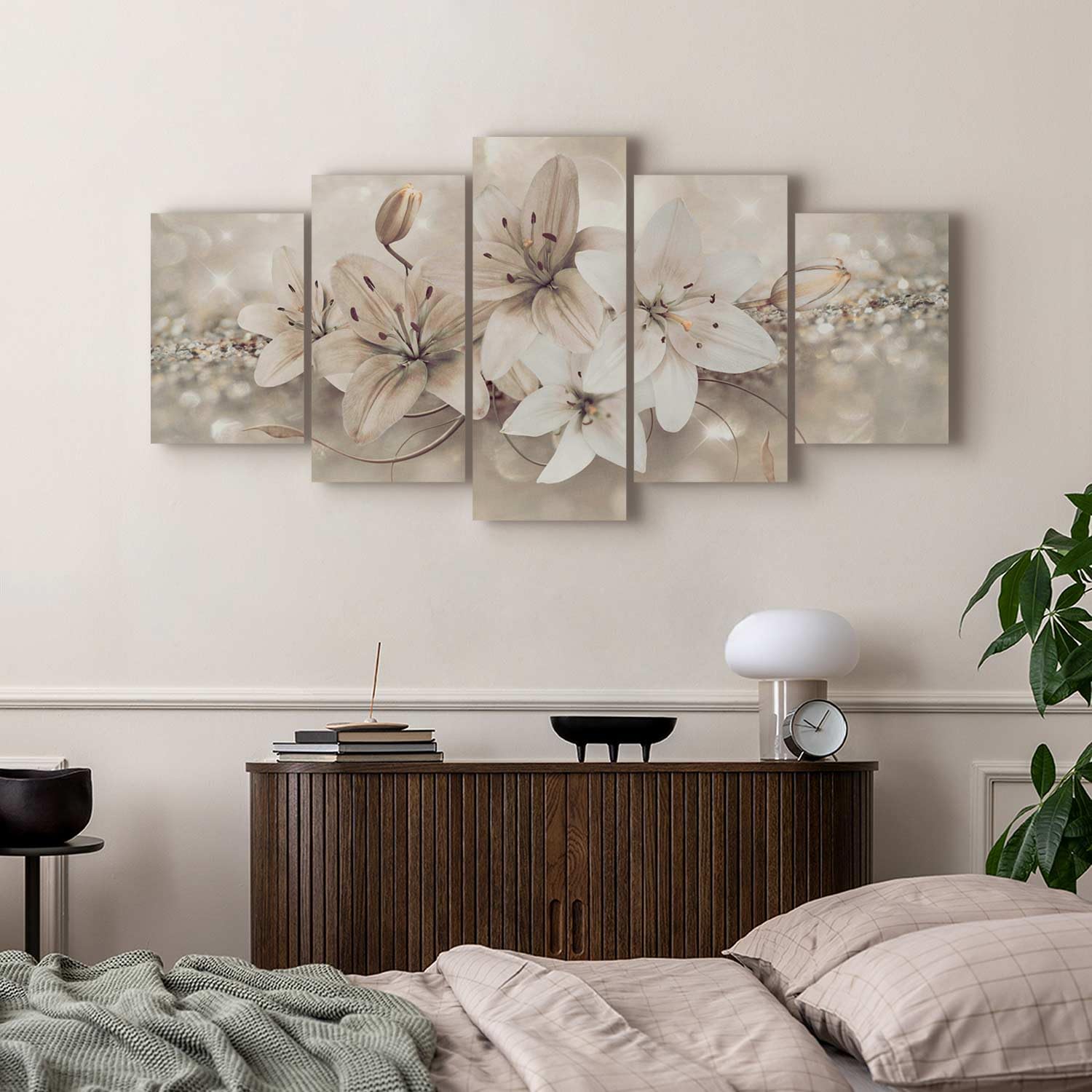 B&D XXL - Quadro Fiori Giglio 150x75 cm 5 pezzi Stampa su tela con Struttura - Quadri Moderni Soggiorno Grandi - Pannelli Decorativi per Pareti Decorazione da parete - Astratto Natura b-A-0297-b-n