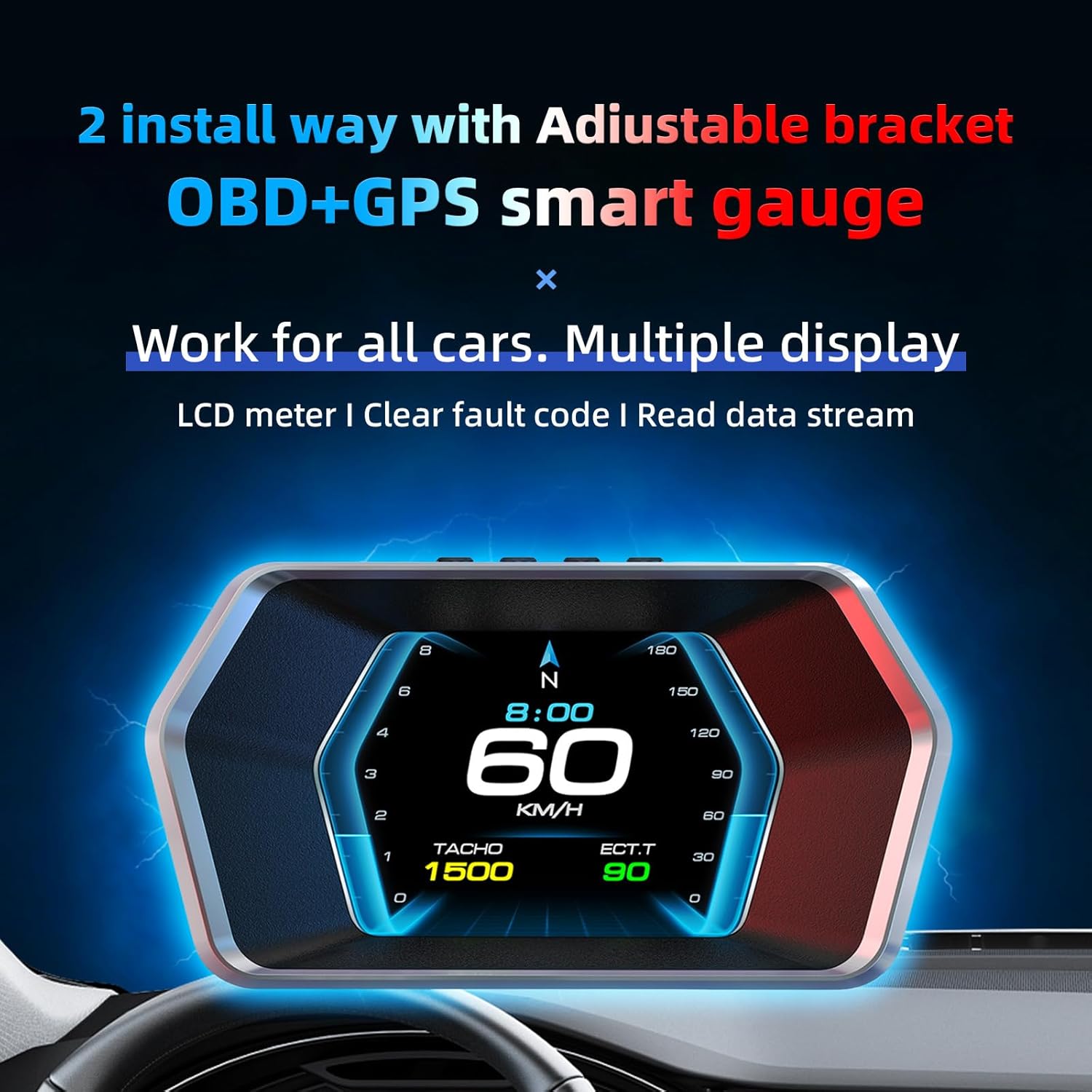 MH HUD Heads Up Display for Car, OBD2 + GPS Dual System, OBD2 Gauge Display, Digital Speedometer MPH Water&Oil Temp Meter Tachometer Driving Overspeed Alarm for All Car, OBD2 for 2008+ Vehicle