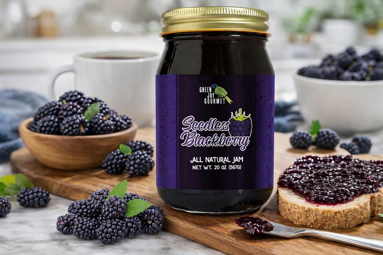Green Jay Gourmet Seedless Blackberry Jam - All-Natural Fruit Jam with Blackberries & Lemon Juice - Vegan, Gluten-free Jam - Contains No Preservatives or Corn Syrup - Made in USA - 2 x 20 Ounces