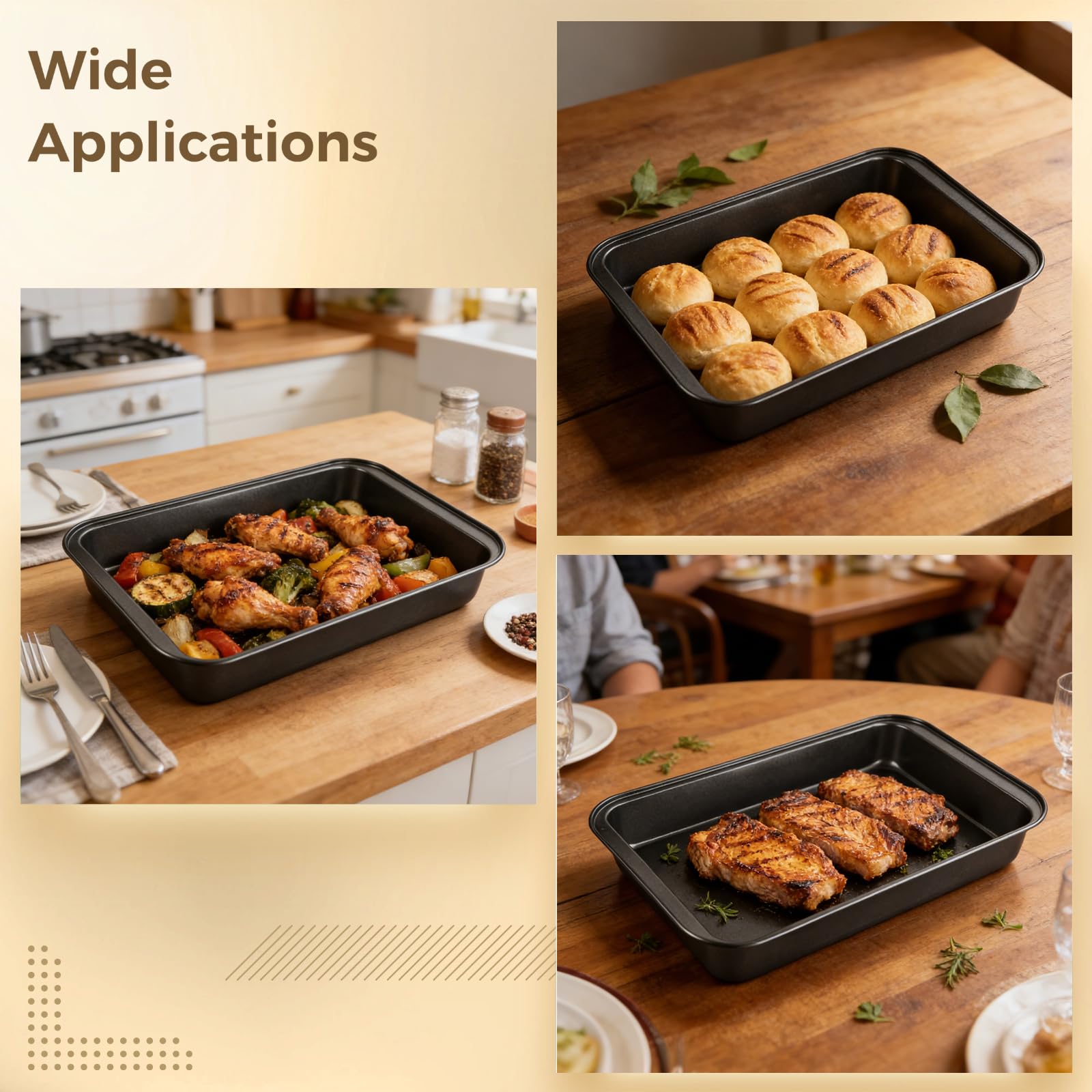 Lot de 3 plaques de cuisson pour four, moules à rôtir en acier au carbone, set de moules à gâteau rectangulaires, 11,8, 12,6 et 13,4 pouces, plats profonds pour cuisiner, rôtir et cuire