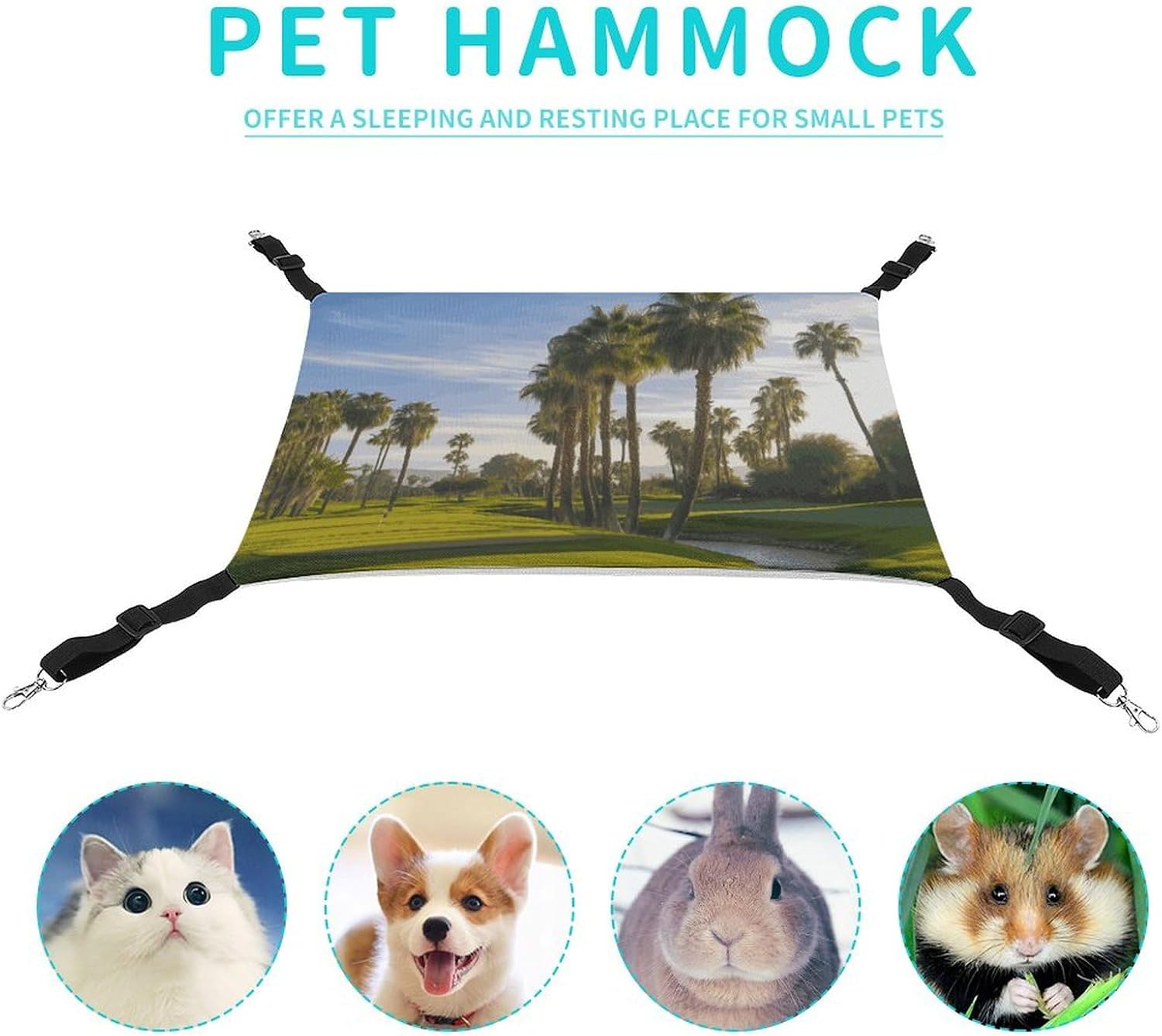 review Hanging Pet Hammock, Palm Tree Golf Course Printed Soft Breathable Pet Hammock with Adjustable Straps and Metal Hooks for Cats Small Dogs Rabbits Sugar Gliders