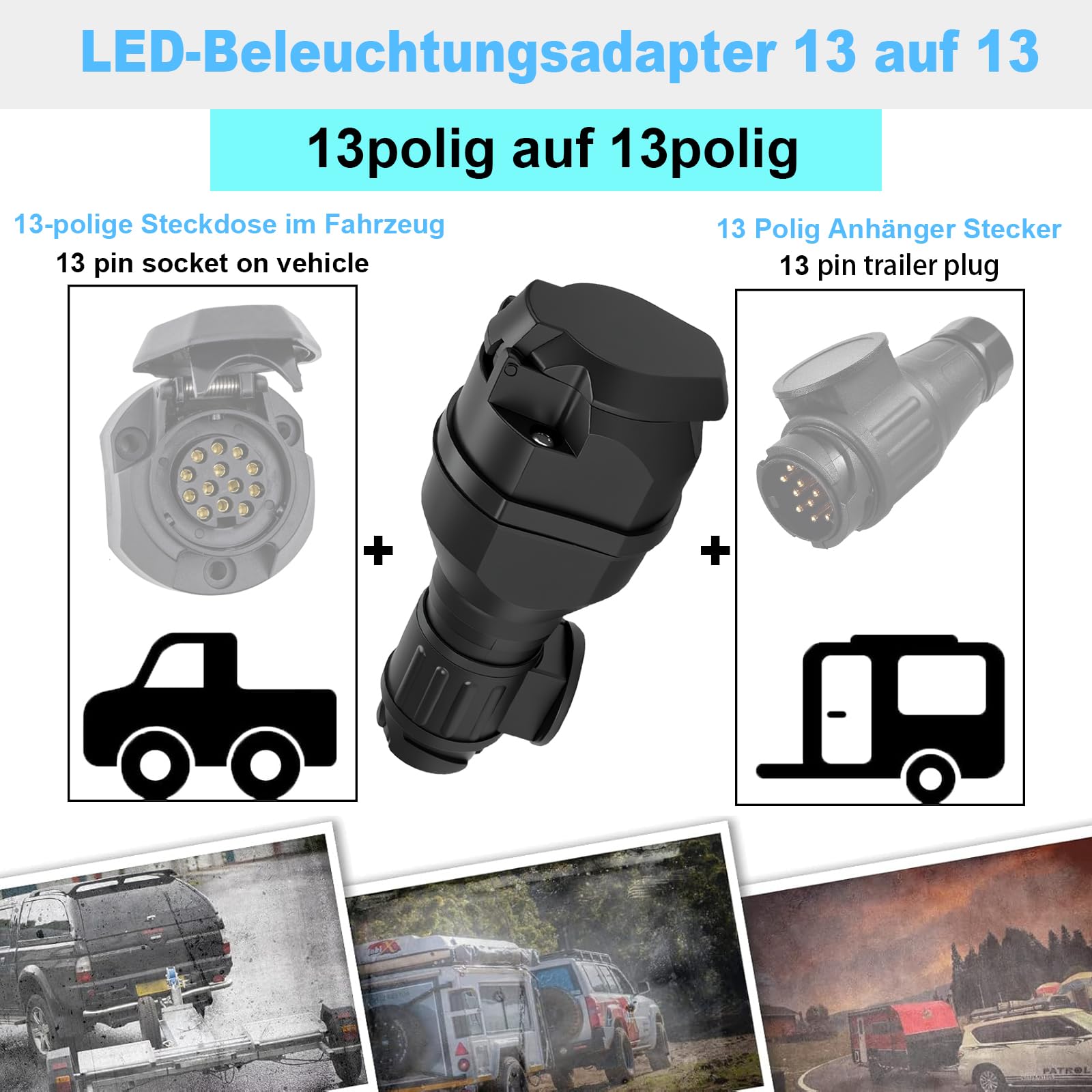 Canbus LED Adapter 13 polig auf 13 Polig Anhänger Adapter 12V Steckdose 13polig - Stecker 13polig mit LED-Beleuchtung für PKW
