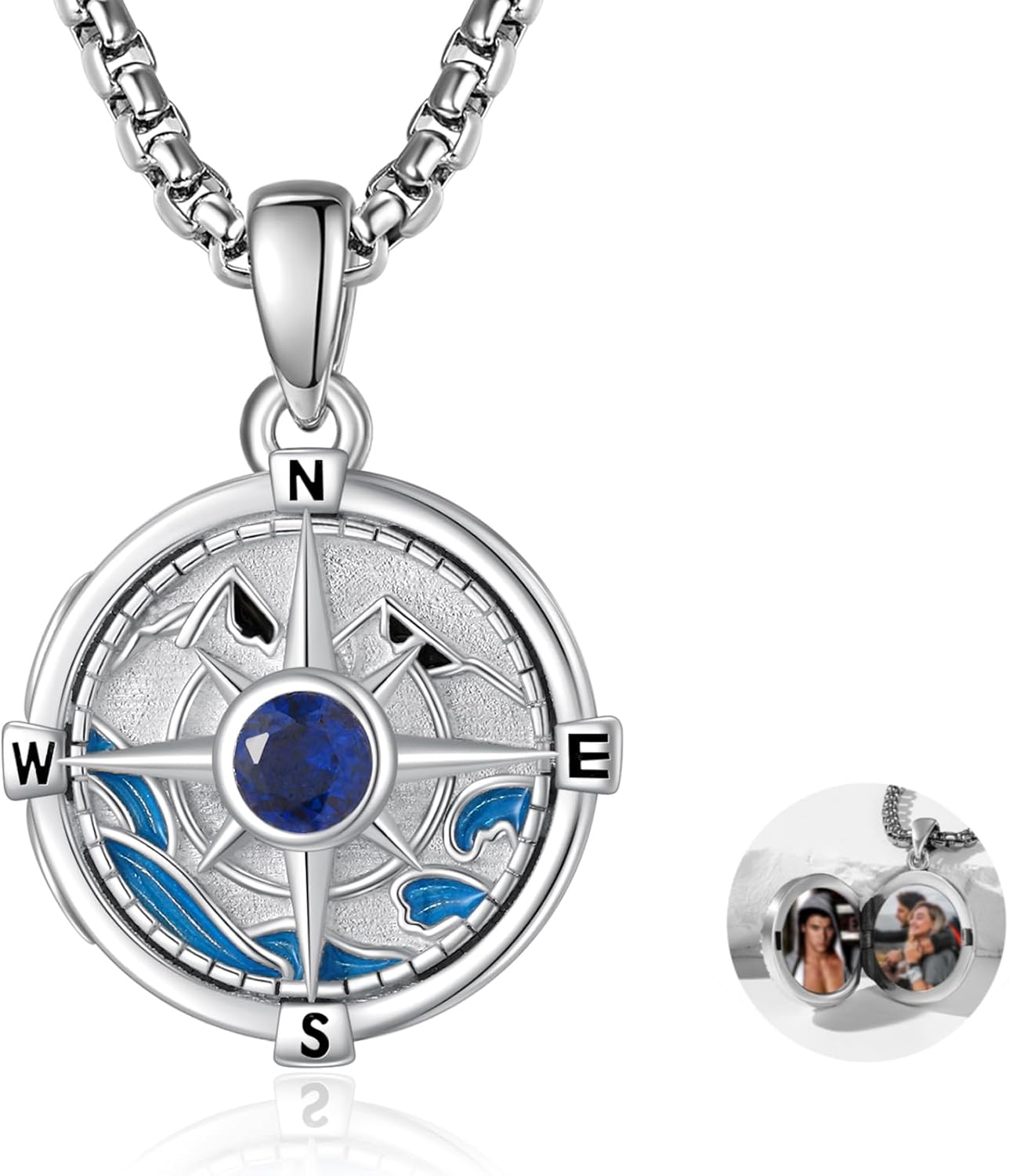 Compass Picture Locket Necklace for Women Men 925 Sterling Silver Custom Compass Photo Locket Pendant Holds Pictures Photos Jewelry Gifts for Her