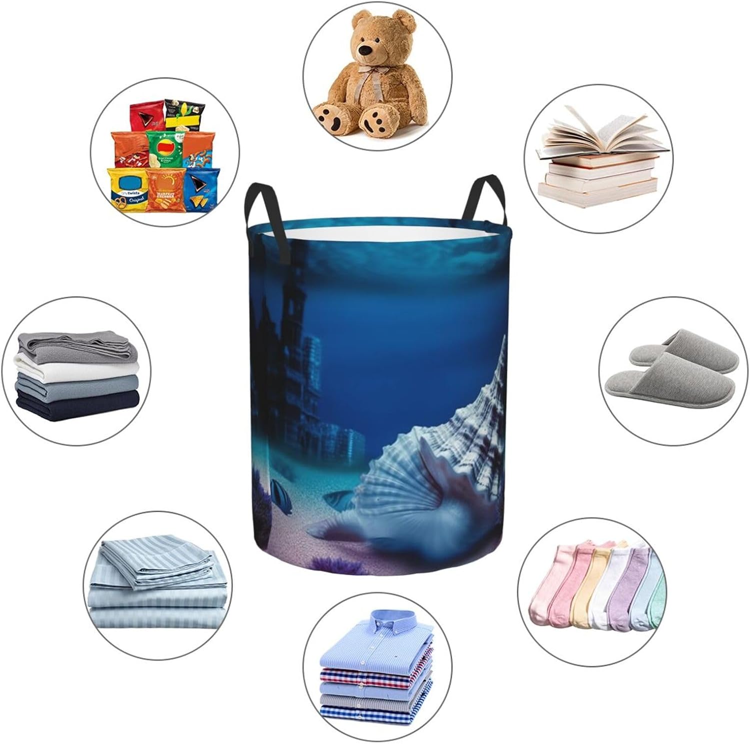 Underwater world shell Laundry Basket With Handles, Foldable Laundry Hamper Oxford Cloth Dirty Clothes Basket Waterproof Clothes Toys Storage Bin Organizer for Bedroom Bathroom Dorm