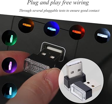 Febrytold 4Pcs Blue USB Car Interior Atmosphere Lamps, Universal Mini Led USB Lights for Car Decoration, Lighting