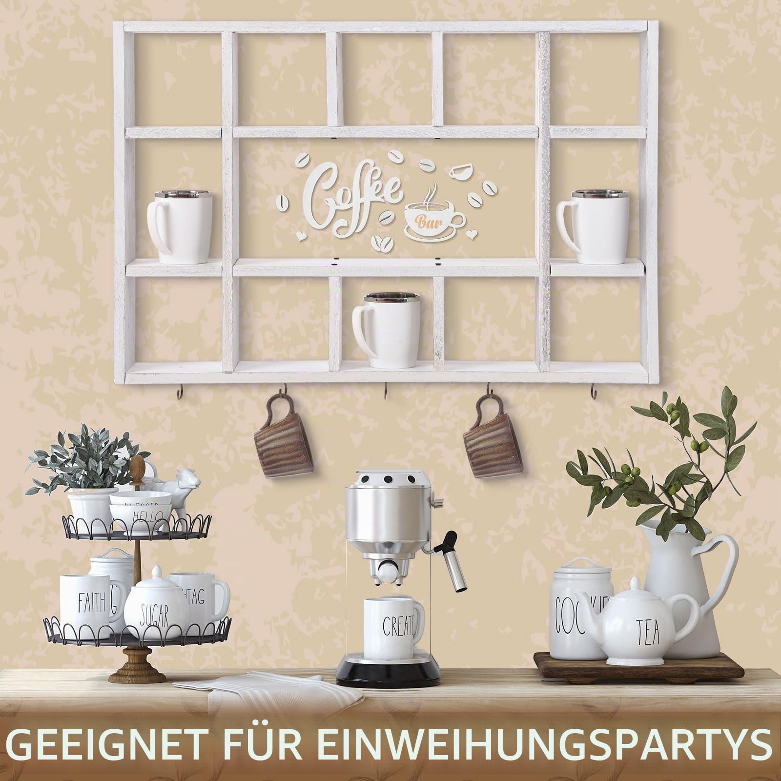 Cinnvoice Übergroße Kaffeetassen-Ausstellungsregal für Wand, altweiß