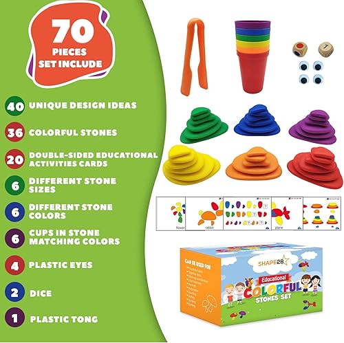Miniatura 2 de Juego de piedras educativas coloridas apilables y clasificadoras con tarjetas de actividad, juego colorido con estuche de almacenamiento, 70 piezas,