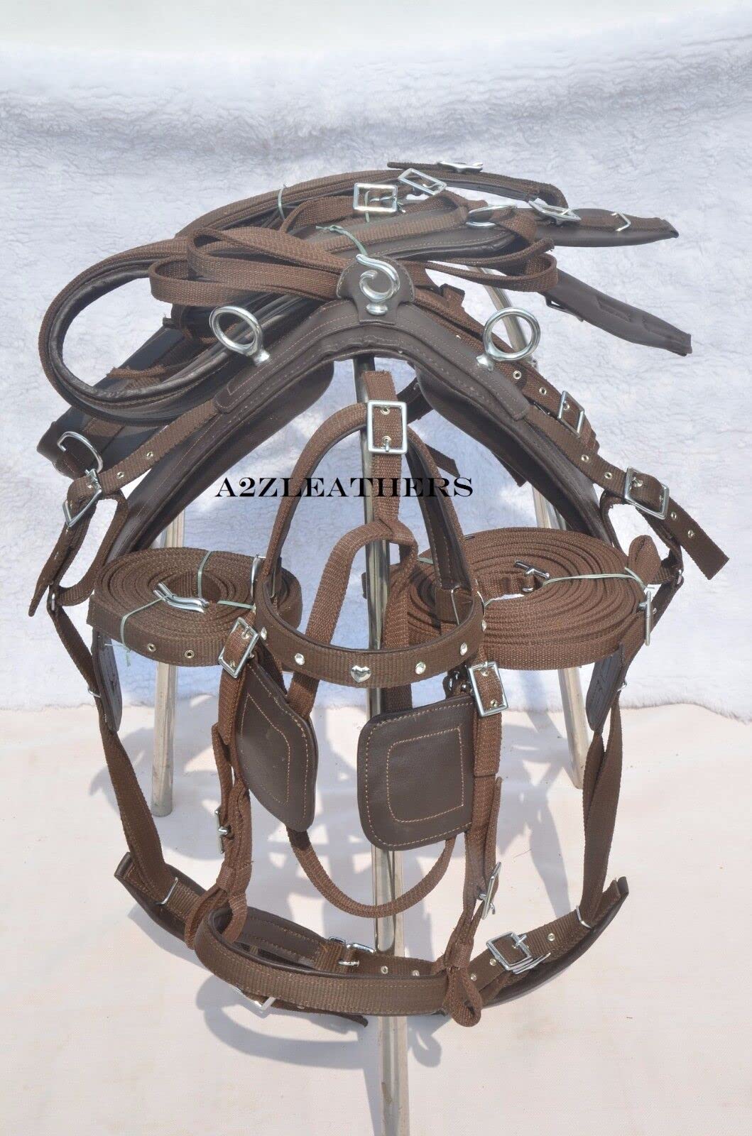 Harnais de conduite en nylon pour cheval simple en marron avec frontal en strass dans la bride (complet, cob, pony, shetland)