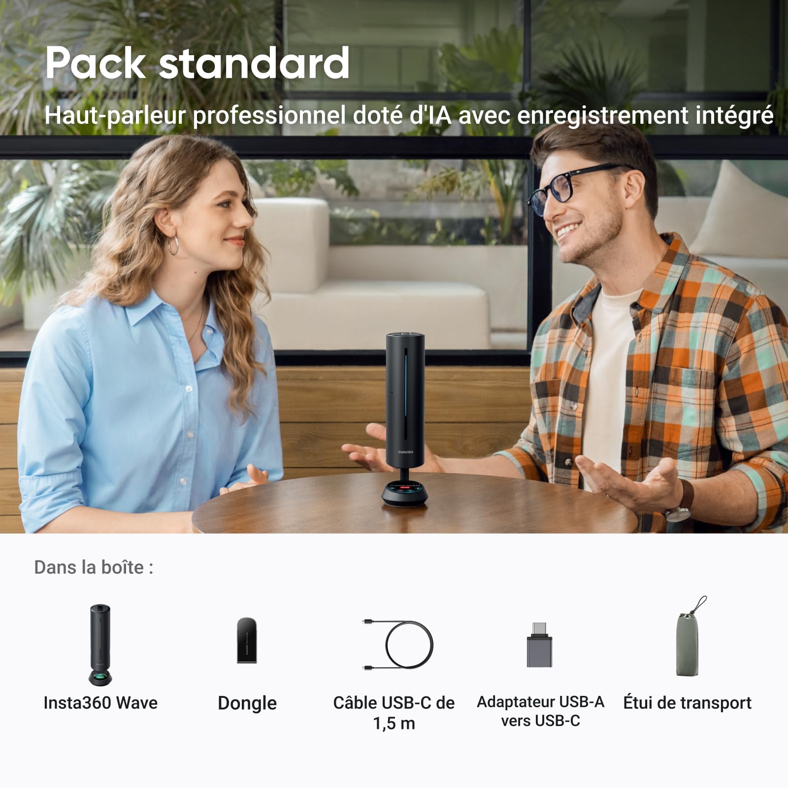 Insta360 Wave Noir Graphite– Haut-Parleur IA, Bluetooth, enregistreur Vocal, 8 micros réduction du Bruit, Beamforming, certifié Zoom, Transcription et résumé IA, 99 Langues, Stockage 32 Go