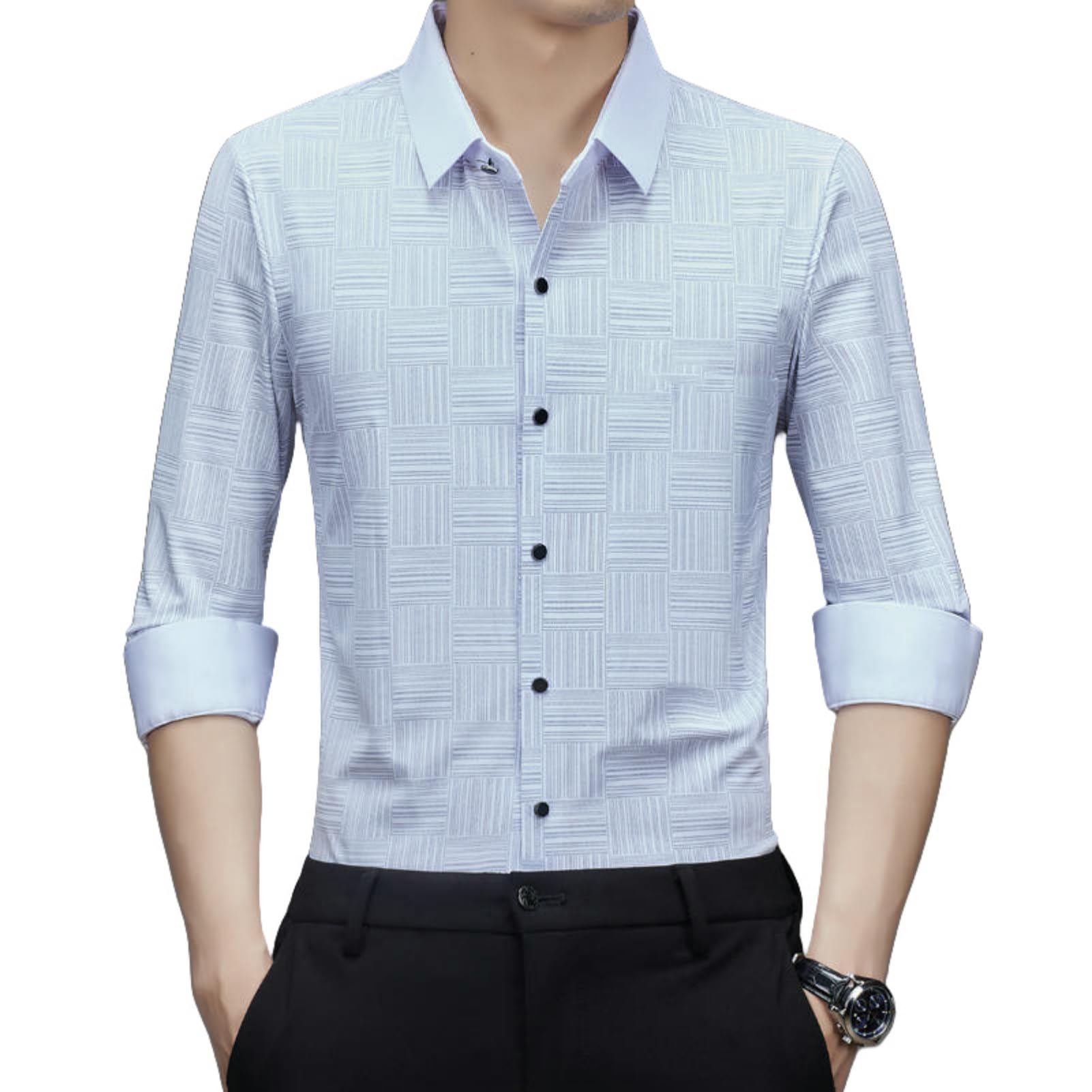 Camisa de manga larga con estampado para hombre, diseño regular fit sin arrugas 8