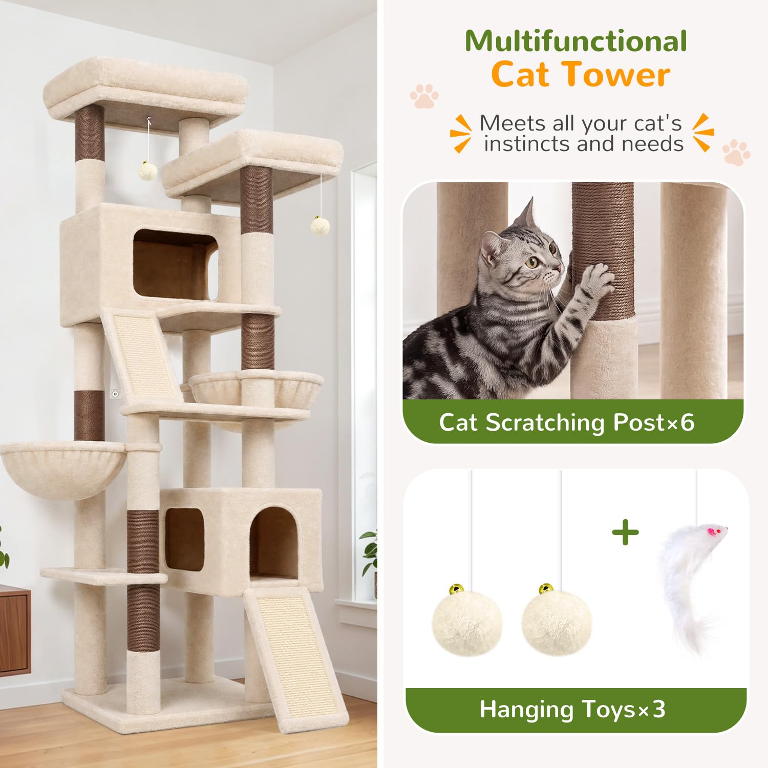 Globlazer Árbol Rascador Beige XXL Estable 190 cm para Grande Gatos F74C | Diseño estable y antivuelco, 2 Tabla Rascar Sisal, manual ilustrado.Árbol Rascador para Grande Gato Adulto Gatos Más de 7 kg.