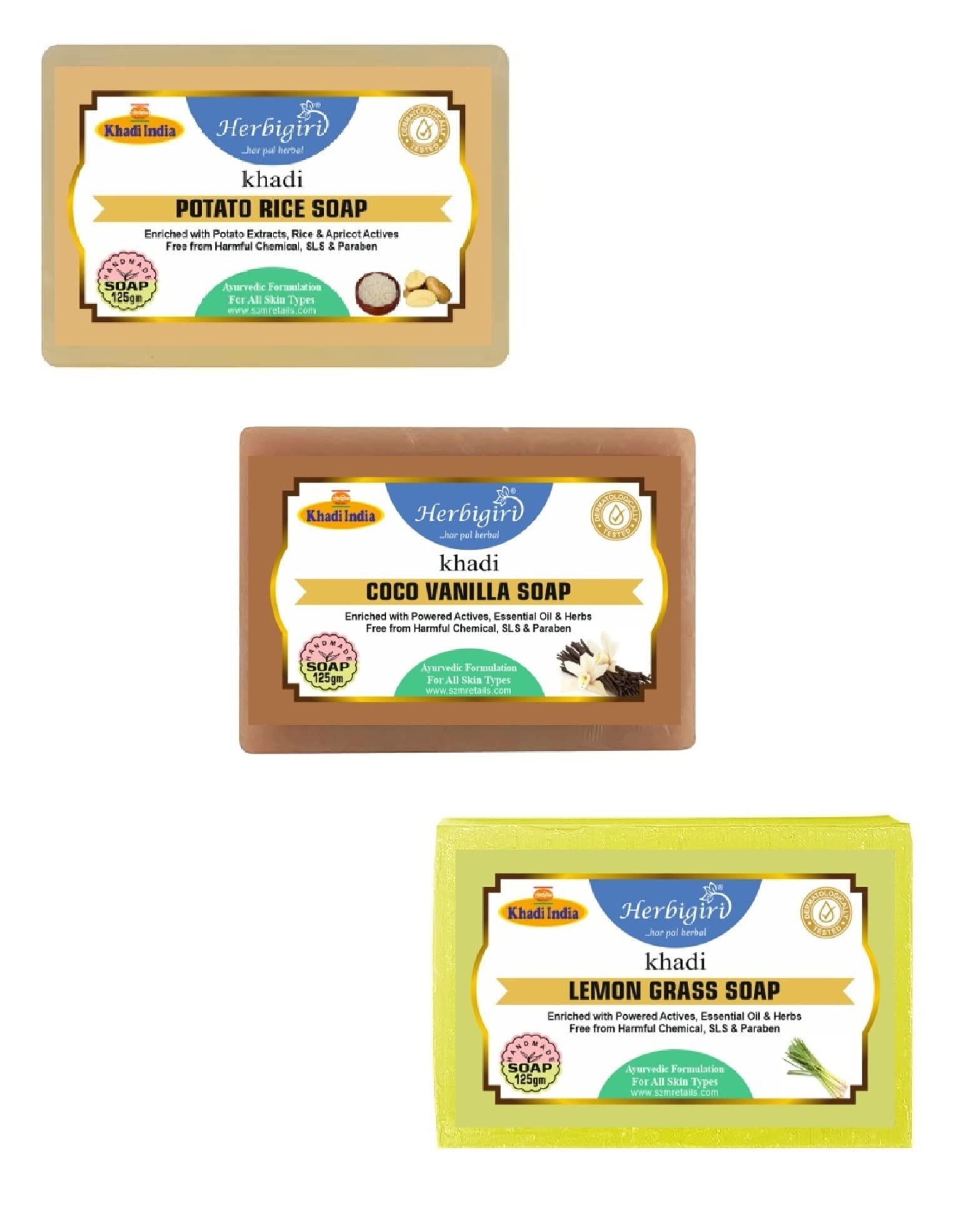 Herbigiri Natural Soap Combo- Potato Rice, Coco Vanilla, Lemon Grass Handmade Soap Enriched with Essential Oils (Pack of 3, 125g Each)