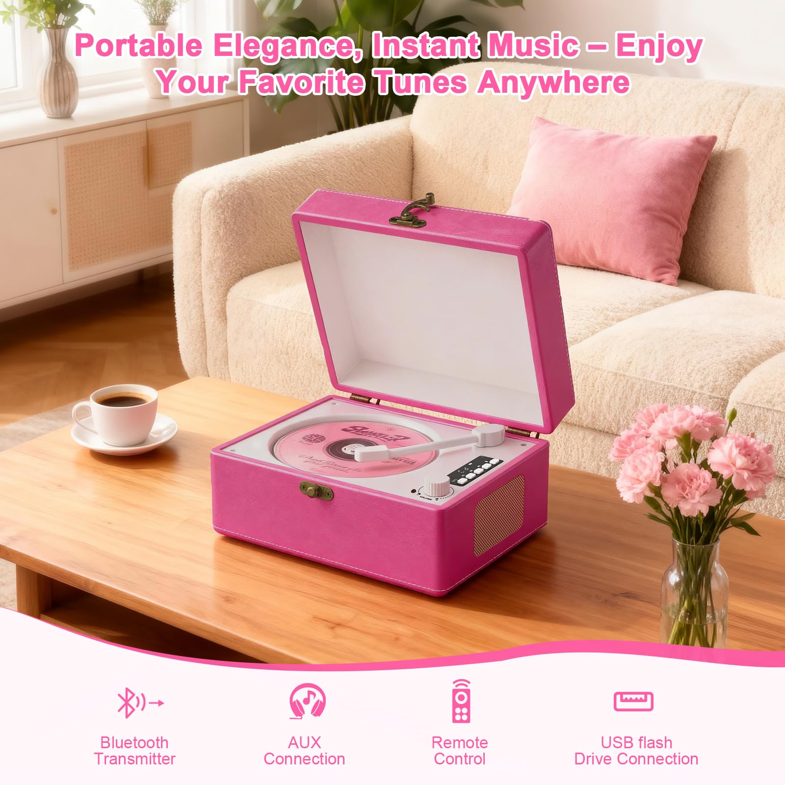 Portable CD Player with Built-in Speakers, Vintage CD Player Bluetooth, Support Bluetooth in & Out, USB/AUX/Type-C Playback, with LED Screen, Headphone Jack, Ideal Gift for Music Lovers(): Hot Pink
