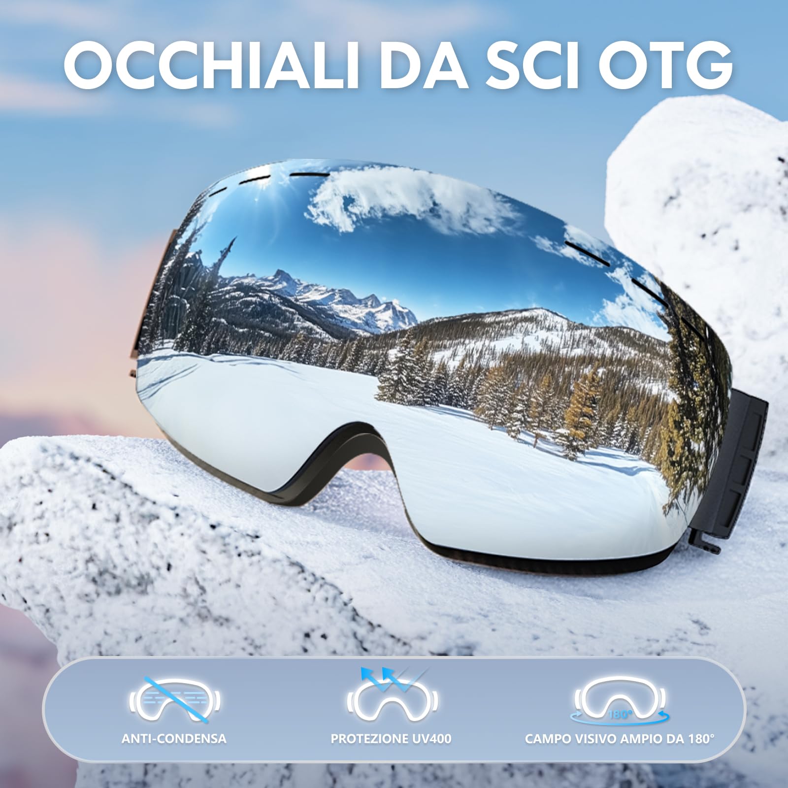 DADA-PRO Occhiali da sci Uomo Donna, Goggles per snowboard sopra gli occhiali OTG Anti-Appannamento, Goggles da sci senza cornice 100% Protezione UV