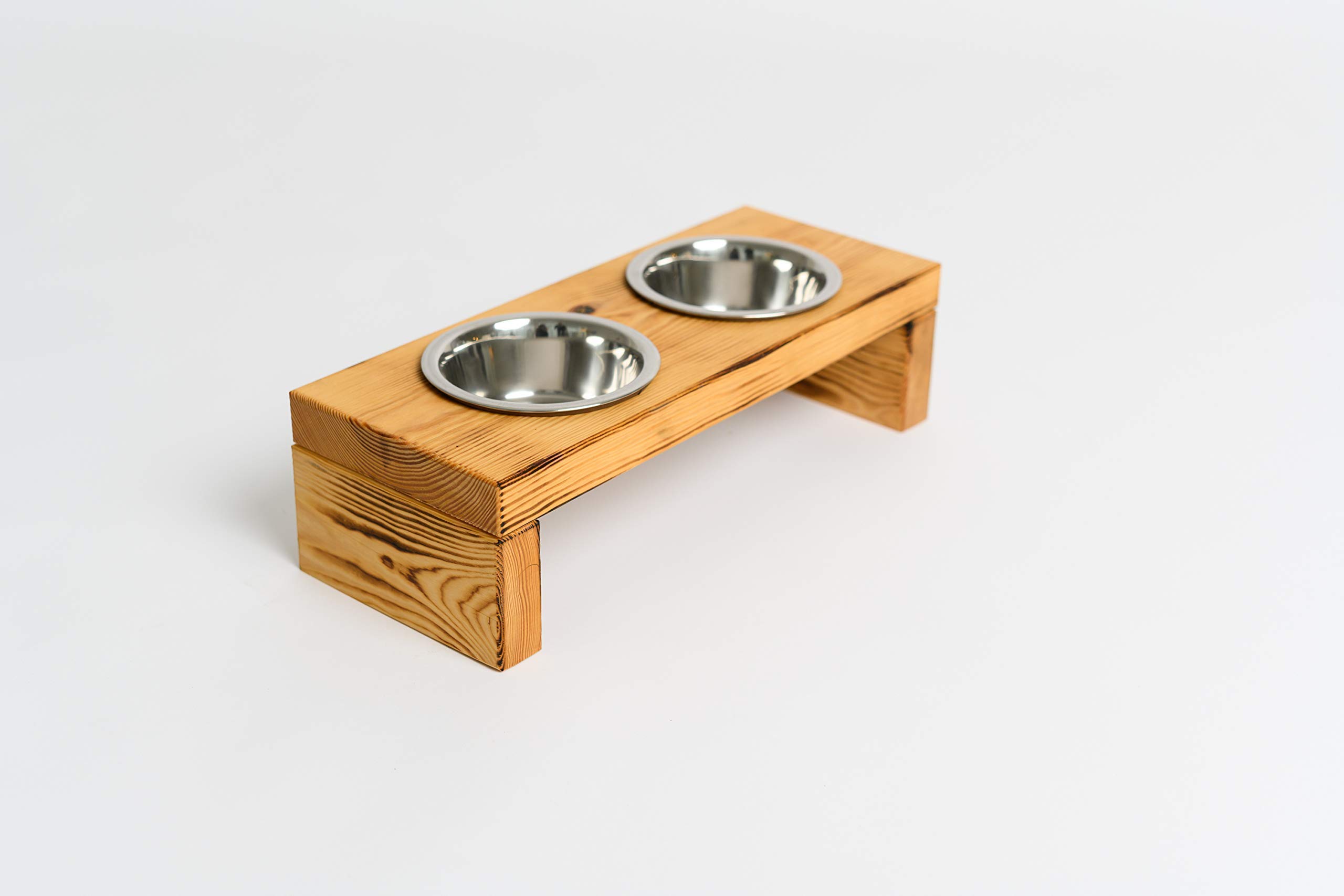 Woodworms Futterstation mit 2x 800ml Edelstahlnäpfen, handgemachte Echtholz Hundebar für kleine und mittlere Hunde