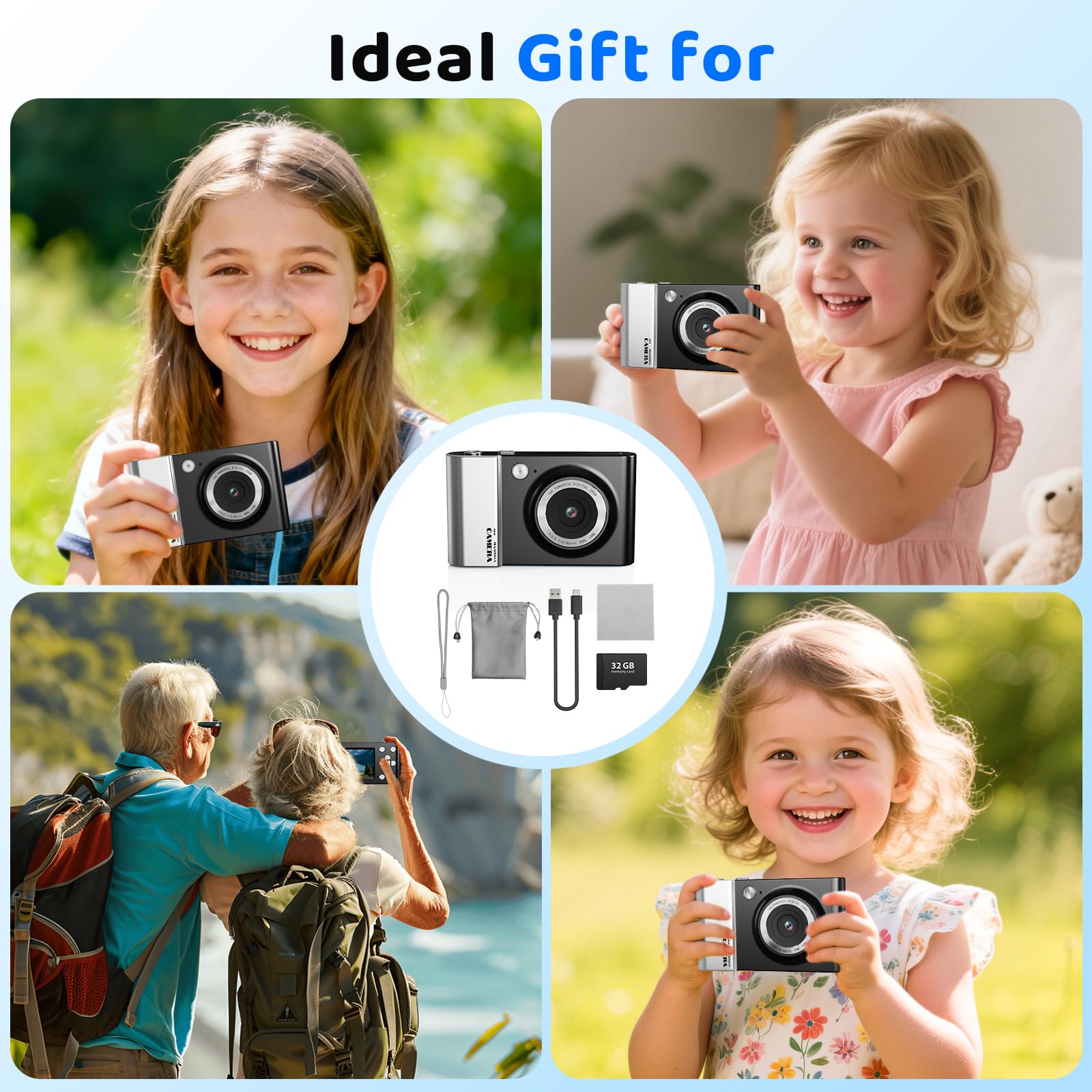 Fotocamera digitale 4K 64MP FHD fotocamera fotografica per bambini 18X zoom digitale fotocamera compatta con 2,4 schermi, scheda SD da 32 GB per bambini adolescenti principianti, nero