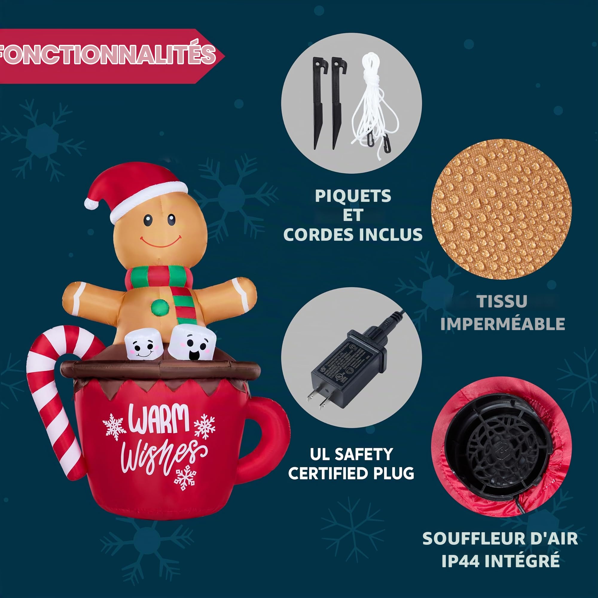 JOIEDOMI Bonhomme en Pain d'épices Gonflable de 1,8 m de Haut dans Une Tasse de Cacao Chaud avec LED intégrées, décoration de Cour Gonflable en Pain d'épices pour fête de Noël, décoration de Jardin
