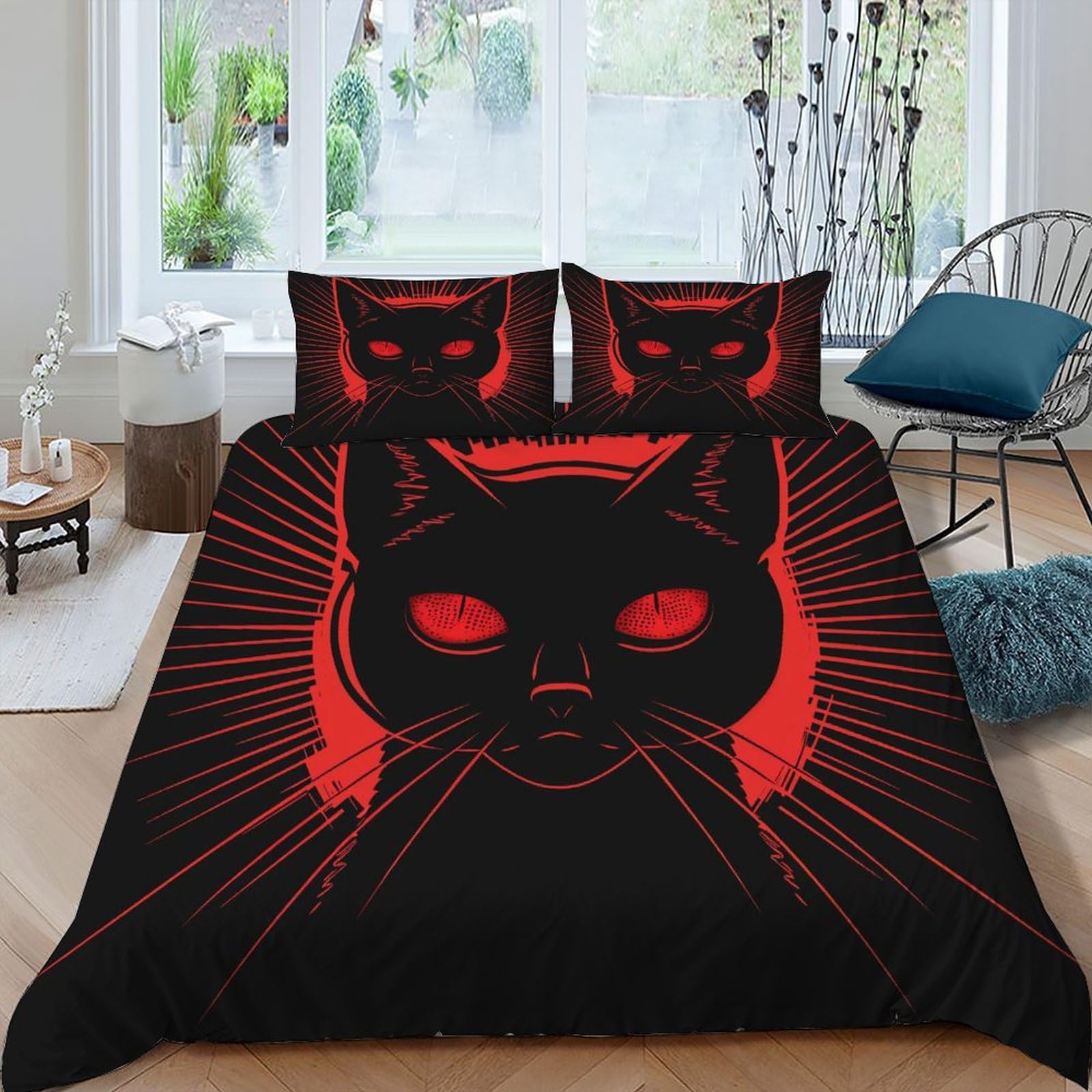 Housse de couette king 220x240 anti-plis parure lit chat rouge microfibre facile à laver