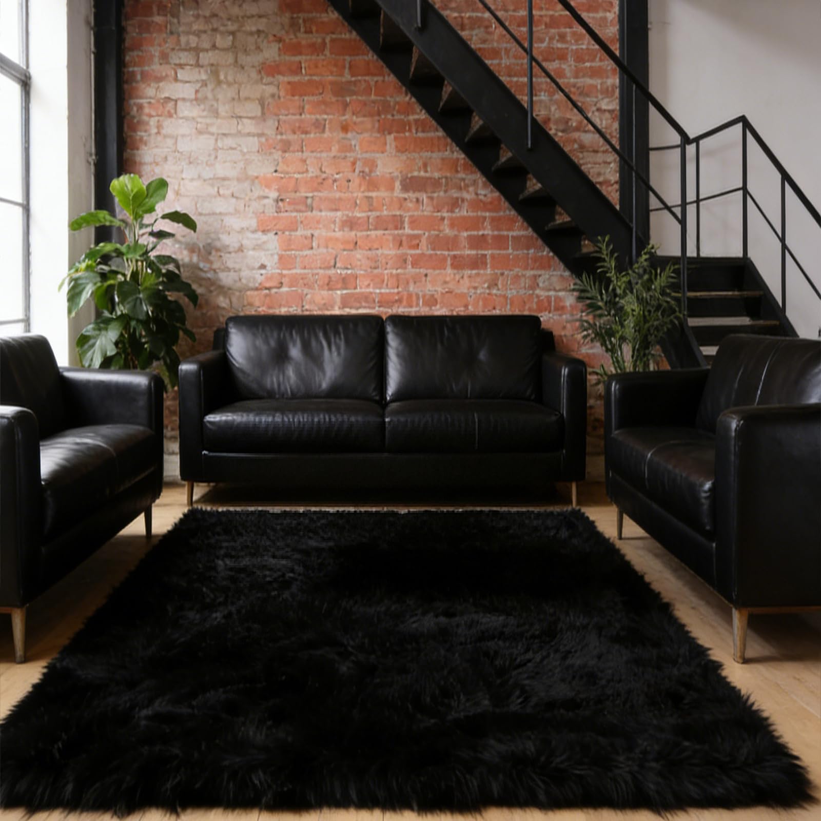Tapis de salon lavable 210x245 cm noir à poils longs doux
