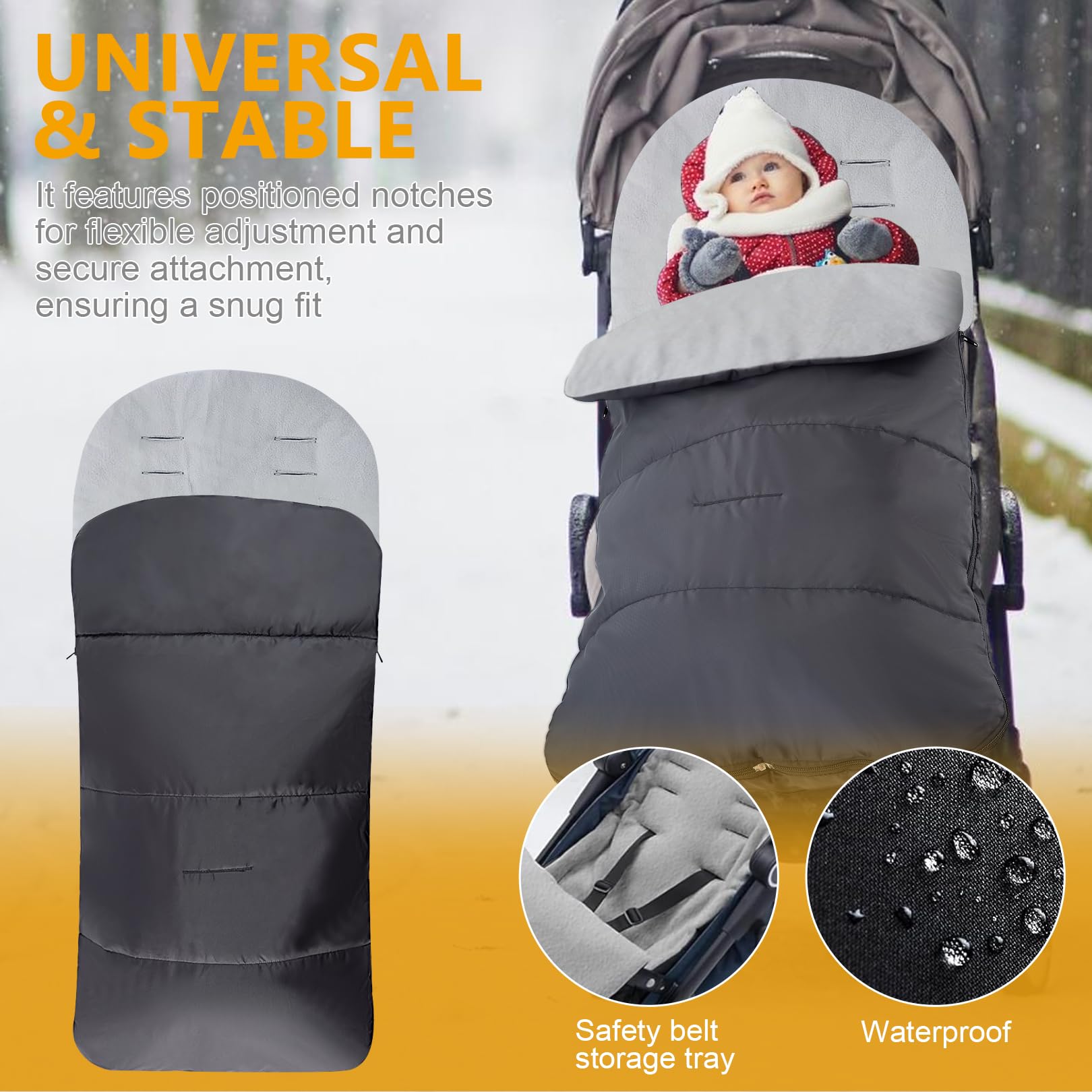 Universal Footmuff for Stroller,Warm and Cozy Pushchair & Pram Footmuffs,Waterproof and Windproof Footmuff with Coral Fleece Lining,Universal Cosy Toes Fits Most Buggies and Strollers (Grey) - Image 3