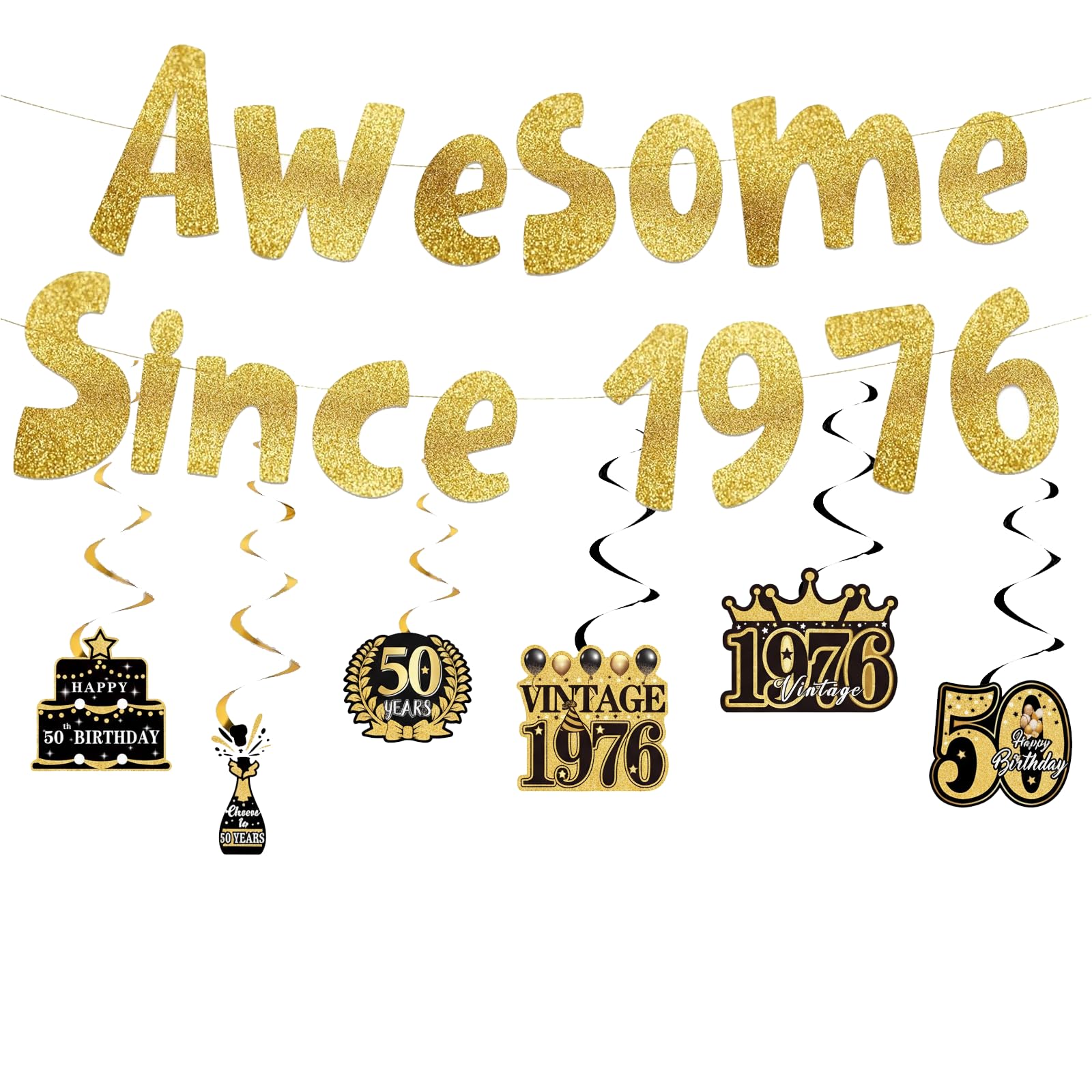 7pcs 50th Birthday Decorations Set Birthday Banners Awesome Since 1976 Gold Glitter Banner Hanging Swirl Decorations 50 Years Hanging Swirls Party Decorations Supplies For Men Women