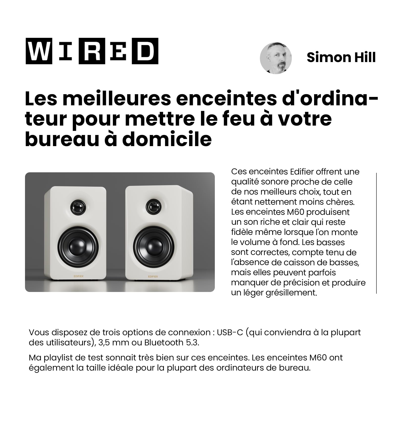 Edifier M60 2.0 Haut-parleurs Bibliotheques Bluetooth 5.3 66W RMS Audio Hi-Res LDAC Basses 3" Tweeter 1" USB-C AUX Blanc