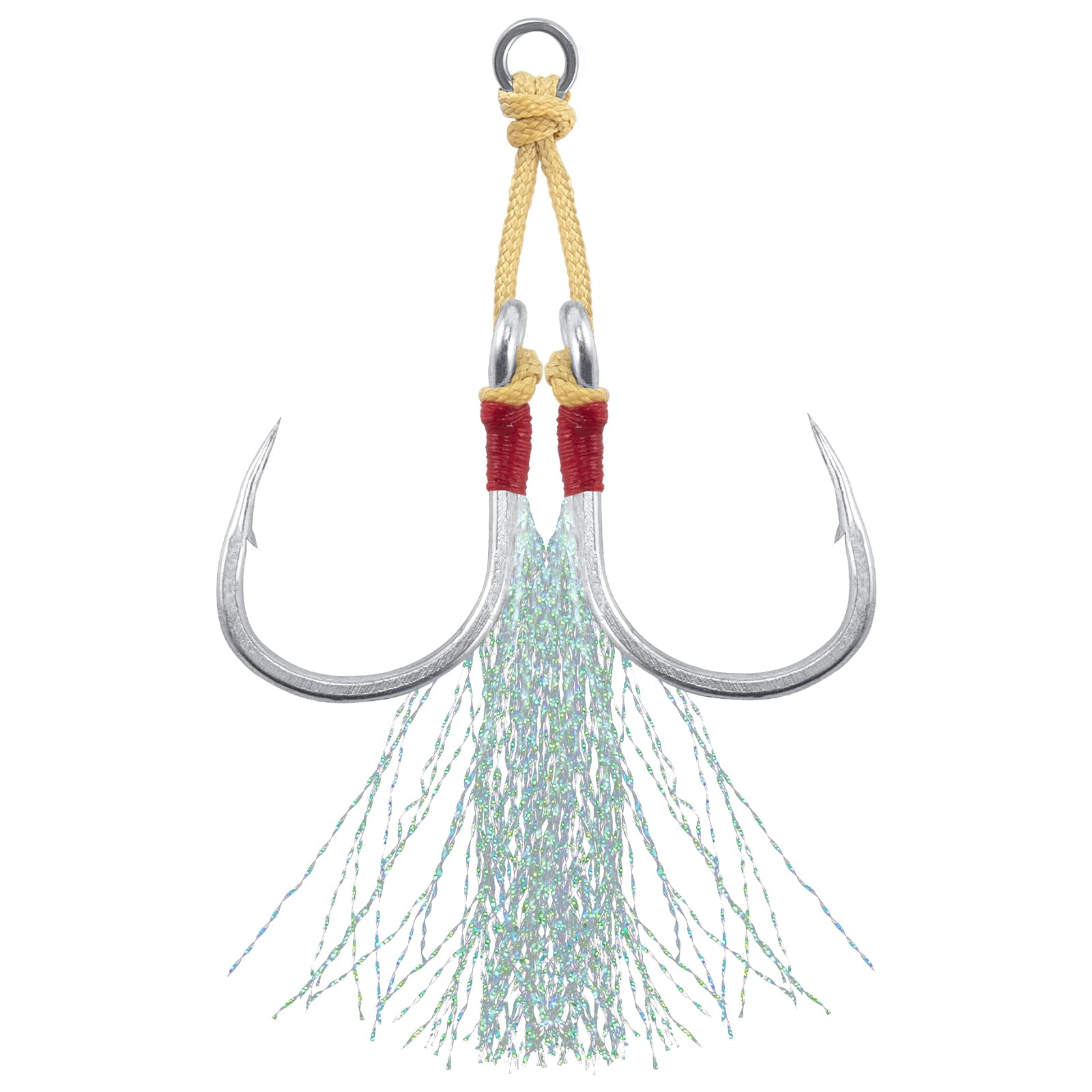 Dr.Fish 10 Pack Double Jigging Assist Hooks Saltwater Replacement Hooks Vertical Jig Lure Mylar Flash Teasers Slow Pitch Fast Fall Diamond Jig Tuna