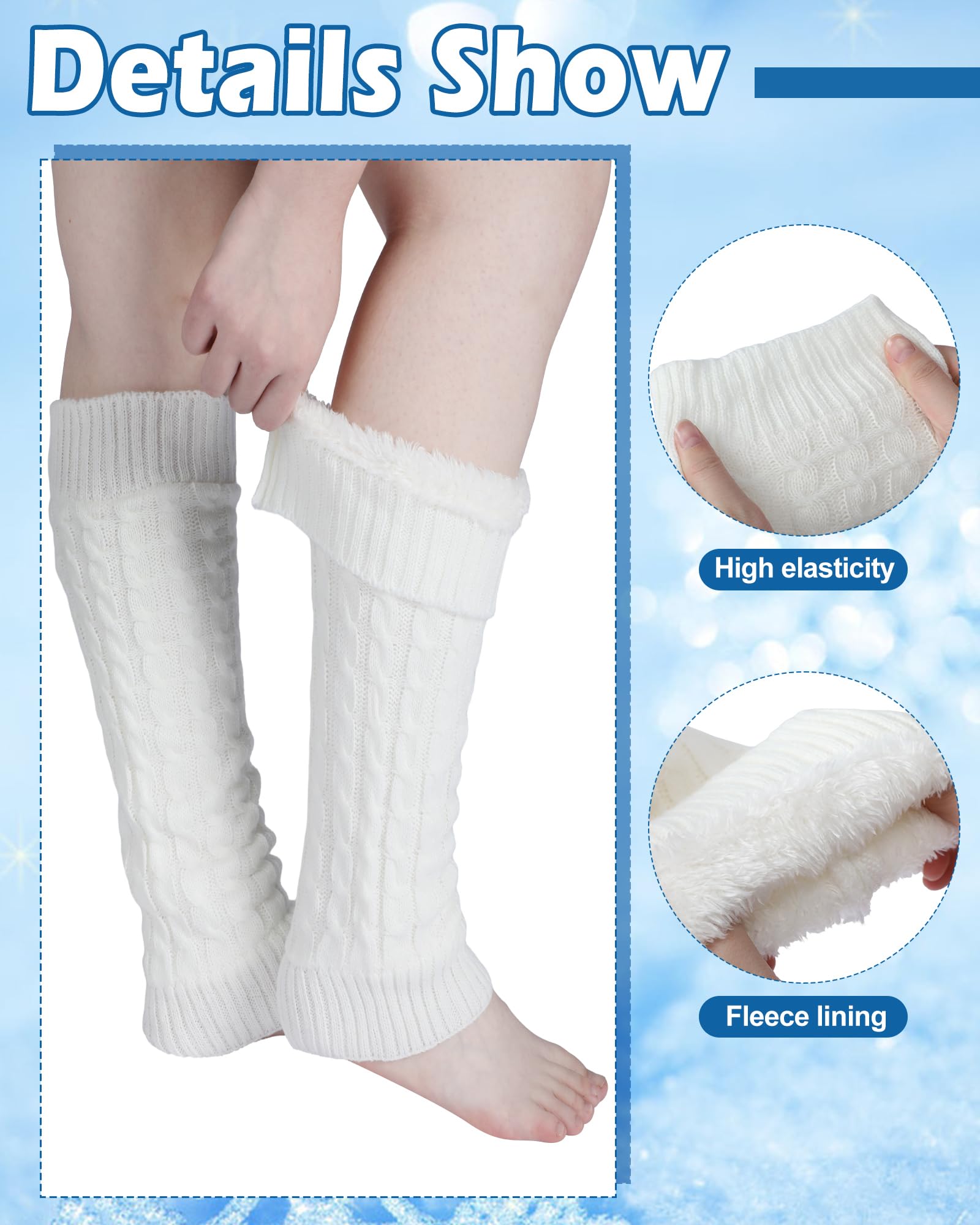 Chuarry 3 Pairs Winter Fleece Lined Leg Warmer for Women Skating Leg Warmer Long Boot Socks for Women Skating Every Day Wear: White 8 Figure Knit Pattern