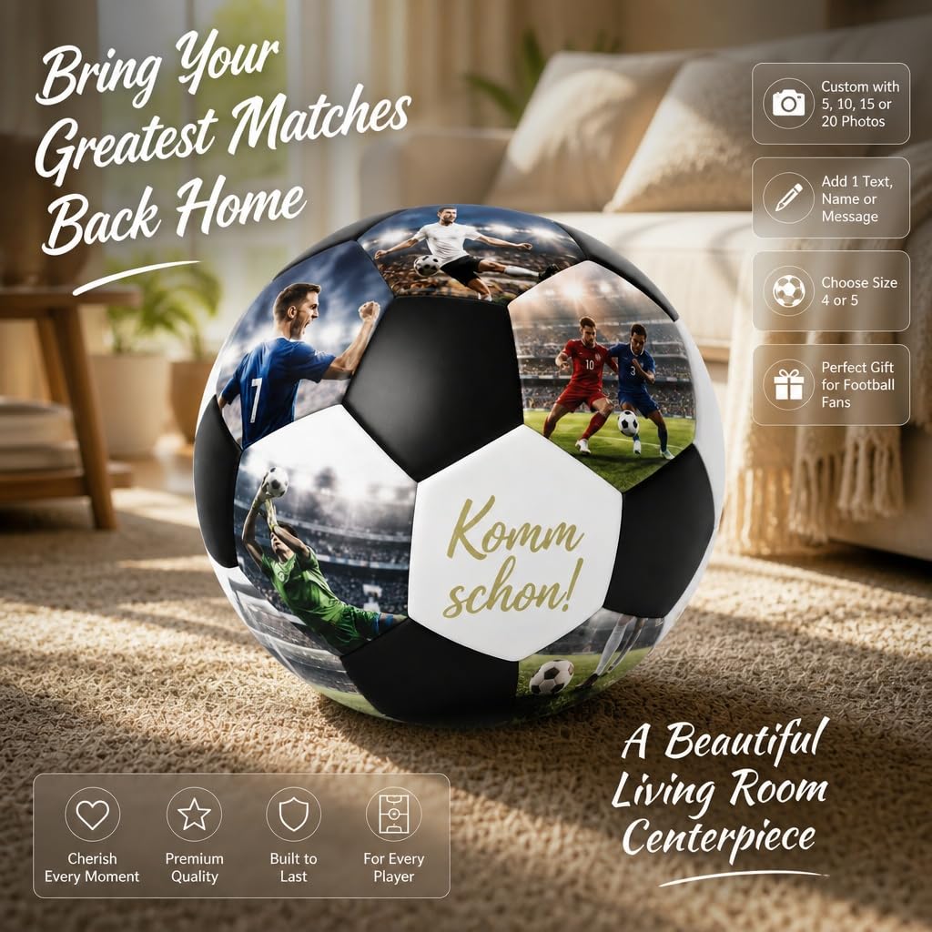 Personalisierte Fußball mit Foto & Namen & Text, Fußball Personalisiert mit 5/10/15/20 Bildern, Größe 4 oder 5, Personalisierte Fussball Geschenk für Fußballfans, Sohn, Jungen, Mädchen & Trainer