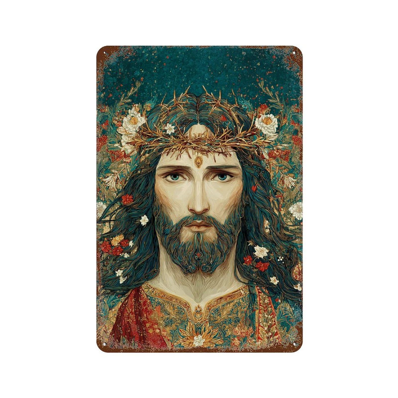 Garage Style Jesus Christ Crown Flowers Art Vintage Rust Metal Sign 11.8"x7.9", Novelty Wall Decor for Bar And Workshop