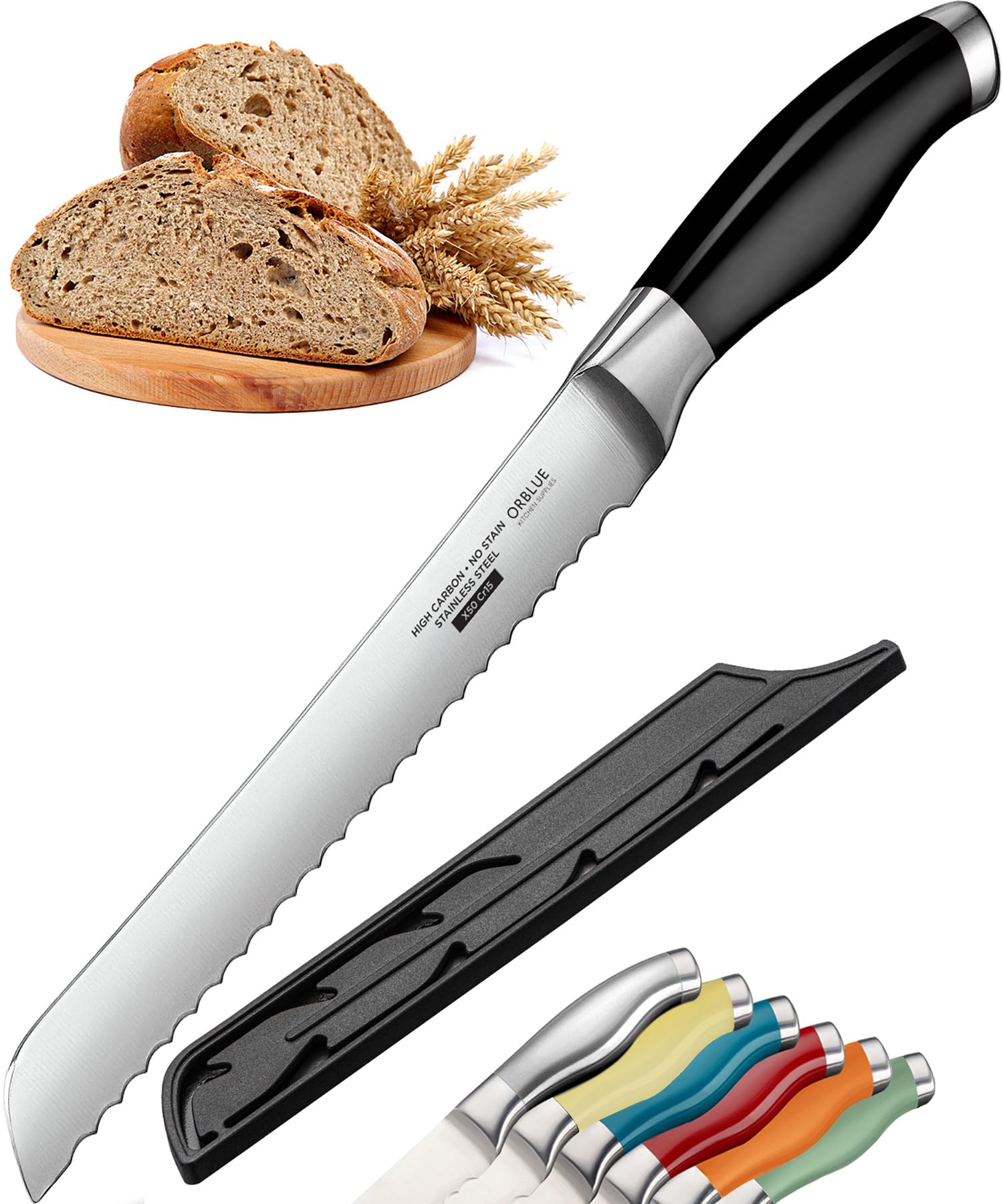 Orblue Coltello per Pane Professionale 20cm, Coltello da Cucina Seghettato, Ideale per Tagliare Pane a Fette, Apri Ostriche Incluso