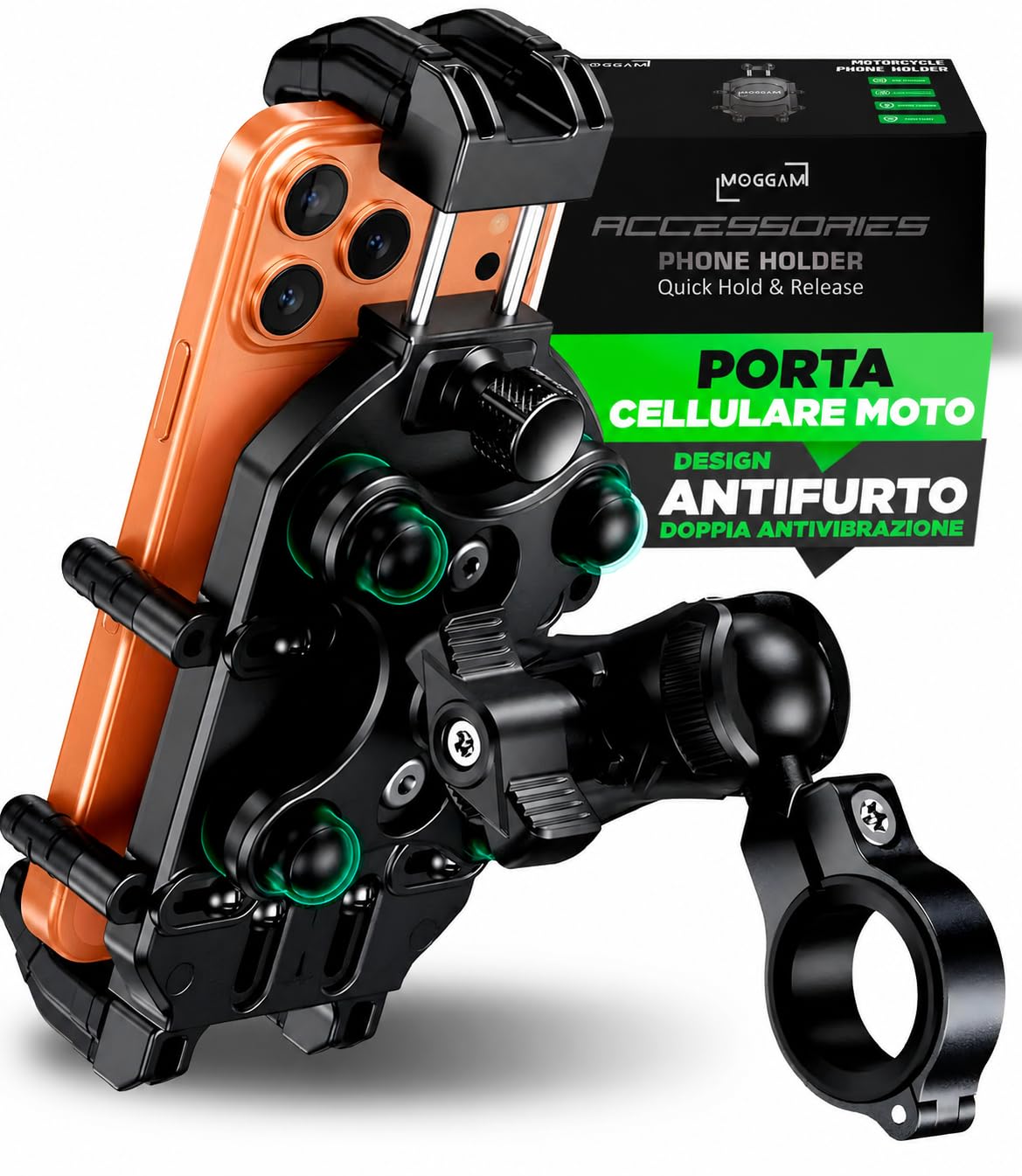 MOGGAM Porta Cellulare Moto Antivibrazione Antifurto Trail Ultra Resistente per Manubrio Compatibile Smartphone Ruggerizzati 5.4 a 7.2 Pollici Supporto Telefono Moto Adventure Enduro Touring Offroad