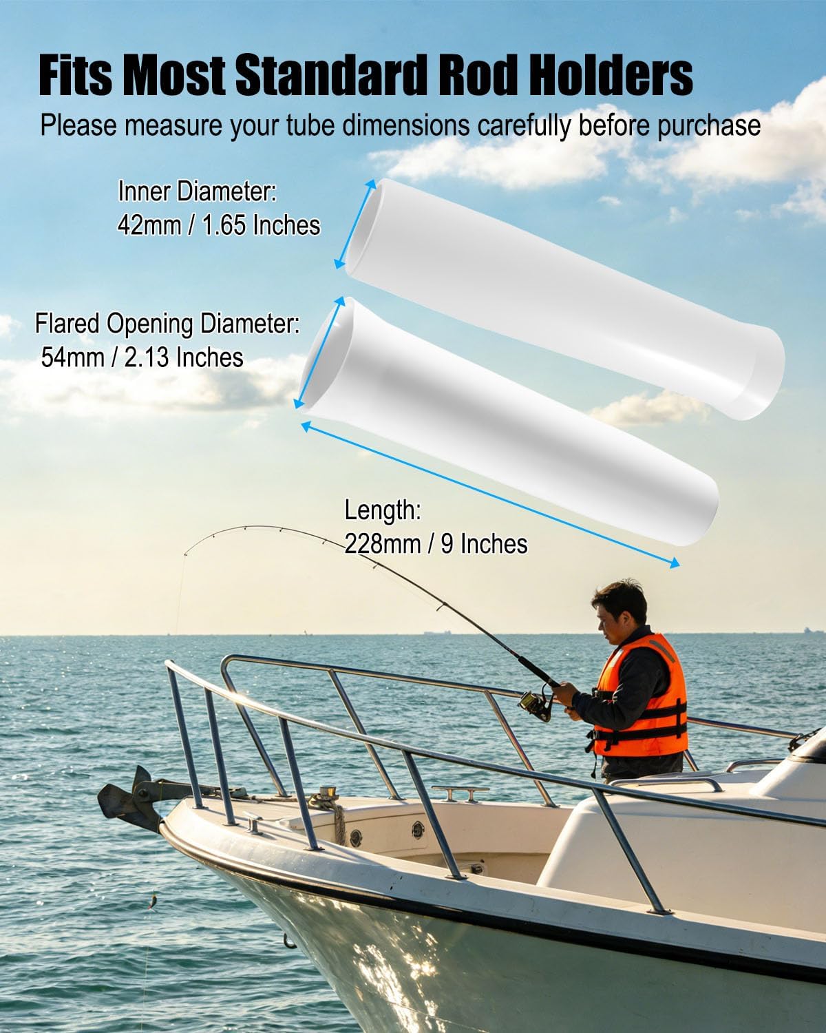 HZSIFU 2pcs 1-5/8” Flared White Vinyl Inserts for Fishing Rod Holder, 9 Inches Length for Boats Yachts Ships Kayaks Marines Caravans Campers, Strong and Heavy Duty Sporting Goods