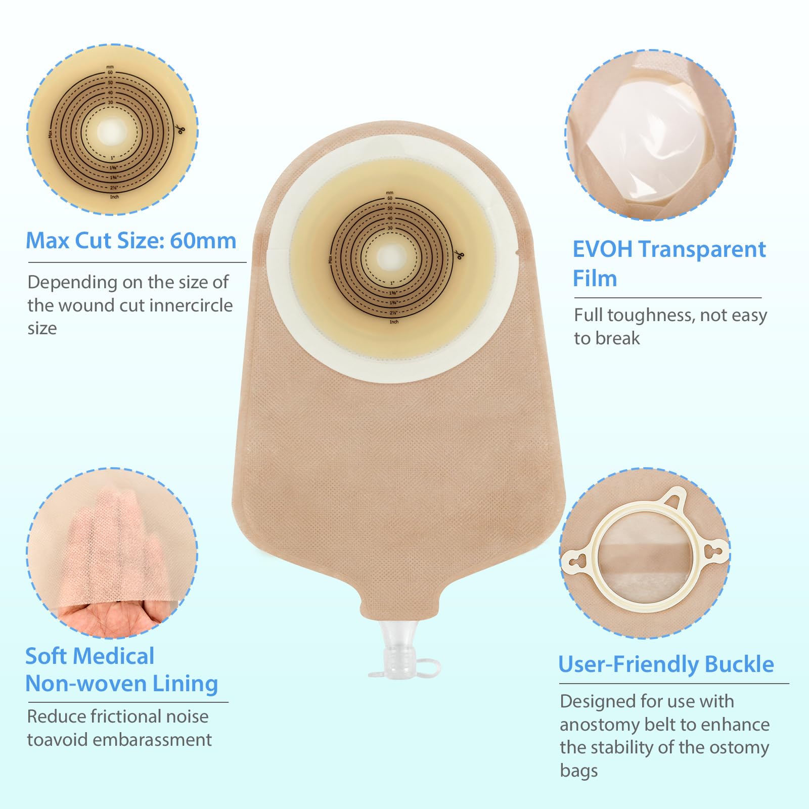 30 bolsas de ostomía, se pueden cortar hasta 45 mm | 20 bolsas de colostomía + 10 protectores para la piel, dos piezas para ostomía de colostomía e ileostomía