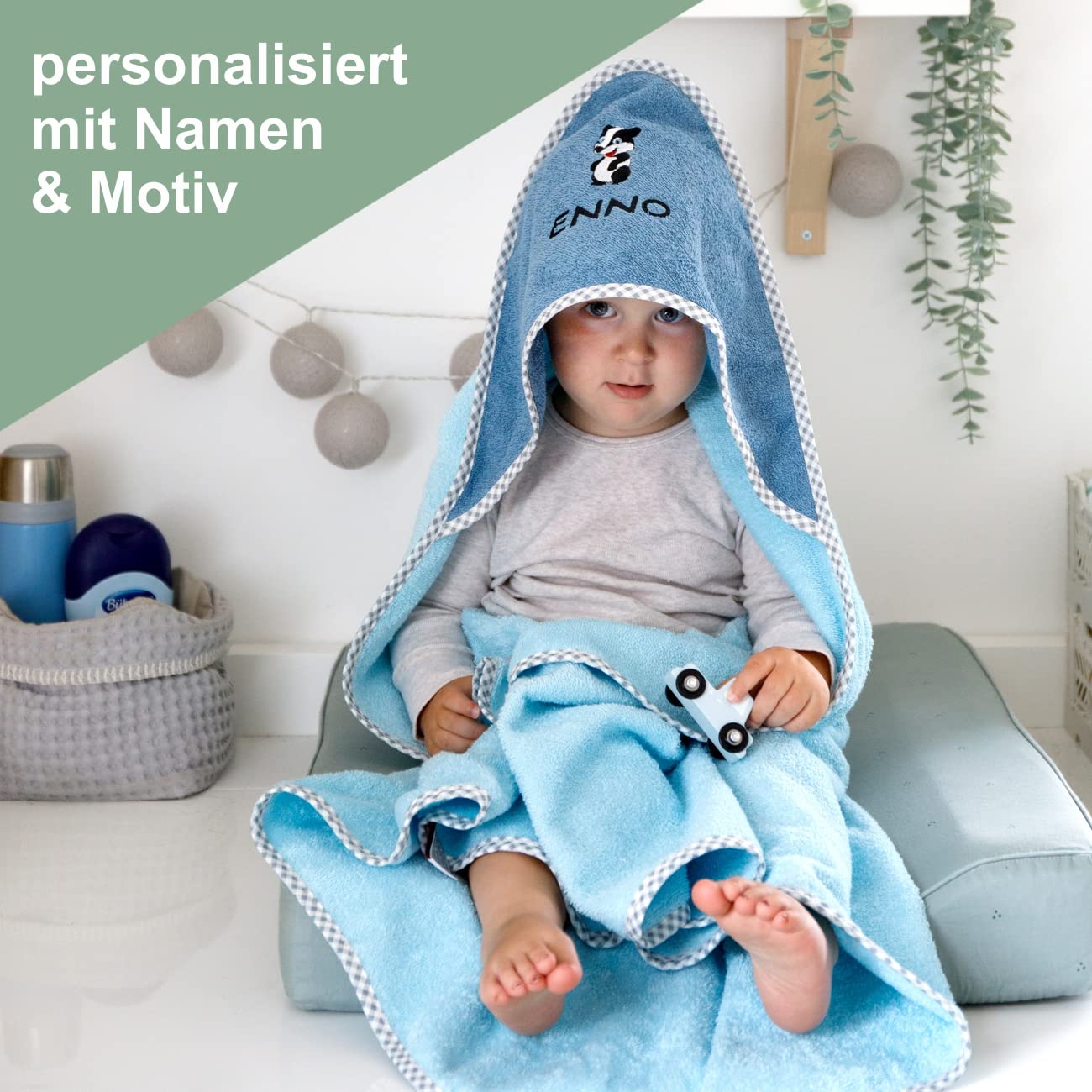 Wolimbo Kapuzenhandtuch personalisiert mit Namen und Motiv - lachsrosa - 100x100cm - für Baby und Kinder Babyhandtuch/Kinderhandtuch/Badetuch