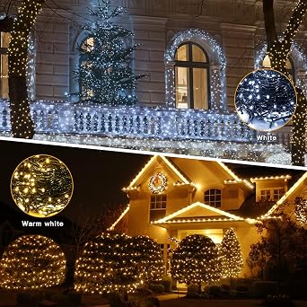 AmyHomie Color Changing Christmas Lights, 108Ft 300LED White Warm White String Lights, 8 Modes Waterproof Fairy String Lights for Outdoor & Indoor Christmas Tree Home Patio Garden Decor