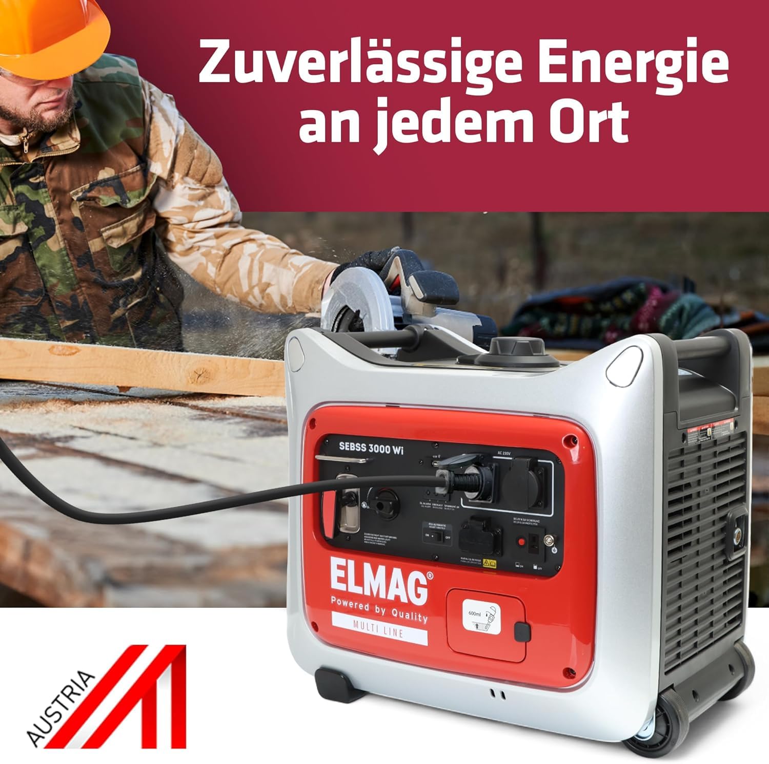 ELMAG Inverter Stromerzeuger SEBSS 2000Wi 1,6 kVA Benzin Stromgenerator mit 4-Takt-Motor, leise & kraftvoll Stromaggregat mit ECO-Modus, 2 x 230V, USB & 12V Für Camping, Outdoor & Notstrom