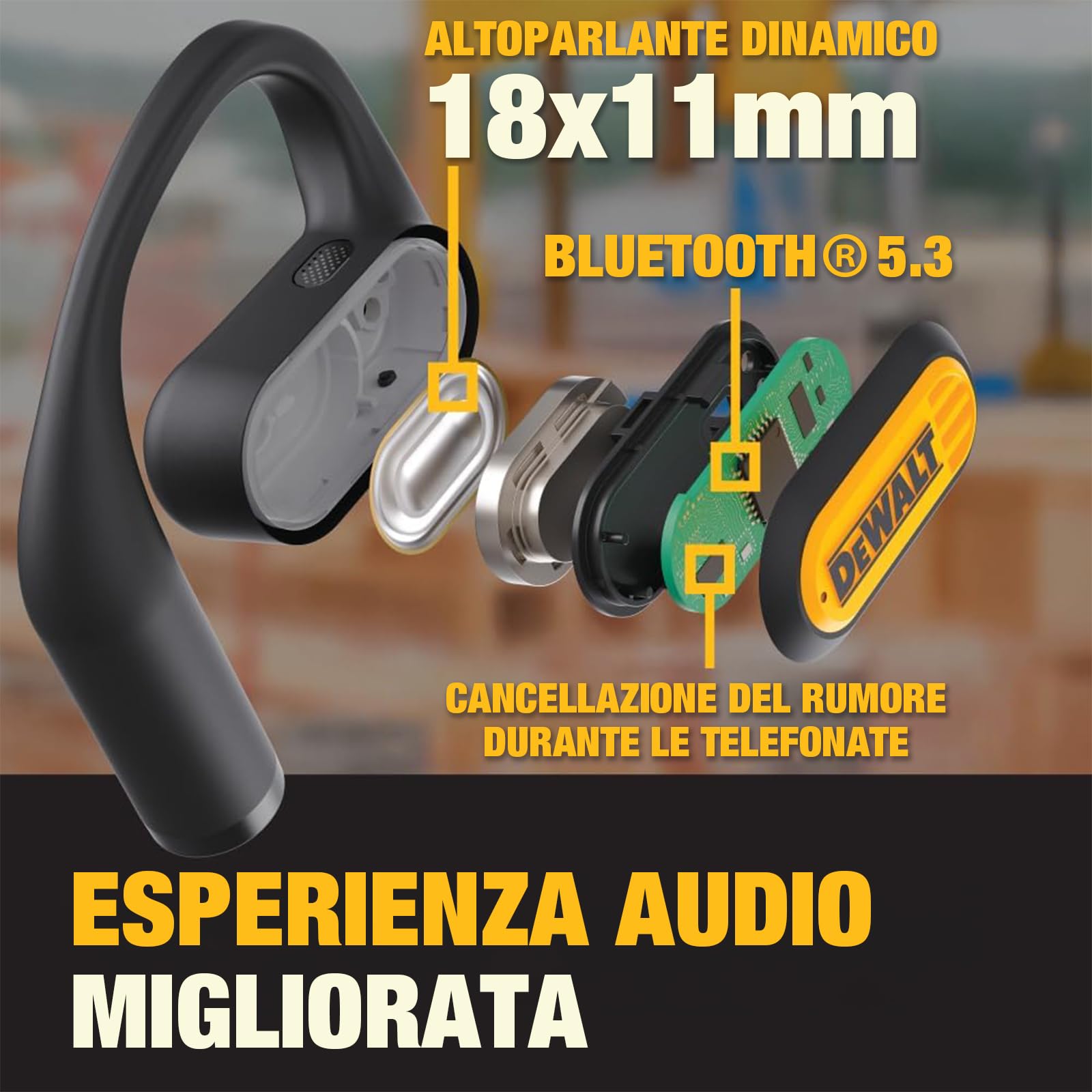 DEWALT Cuffie Open Ear Heavy Duty, Auricolari Wireless Bluetooth 5.3 IP55, Fino a 44 Ore di Autonomia, Suono Premium a Conduzione Aerea con Archetti per Cantieri e Allenamenti